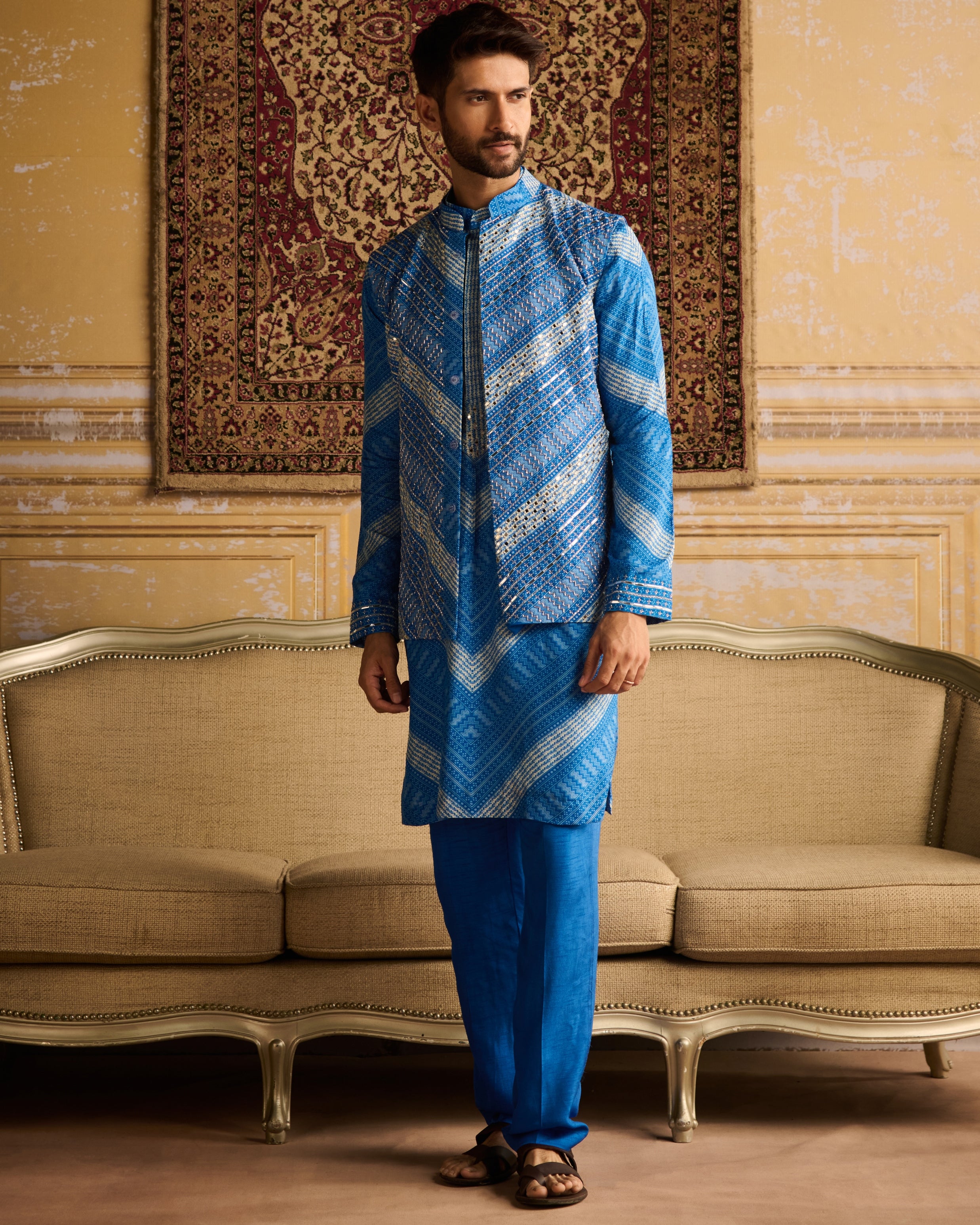 Blue Chevron Print & Embellished Kurta With Solid Blue Pants