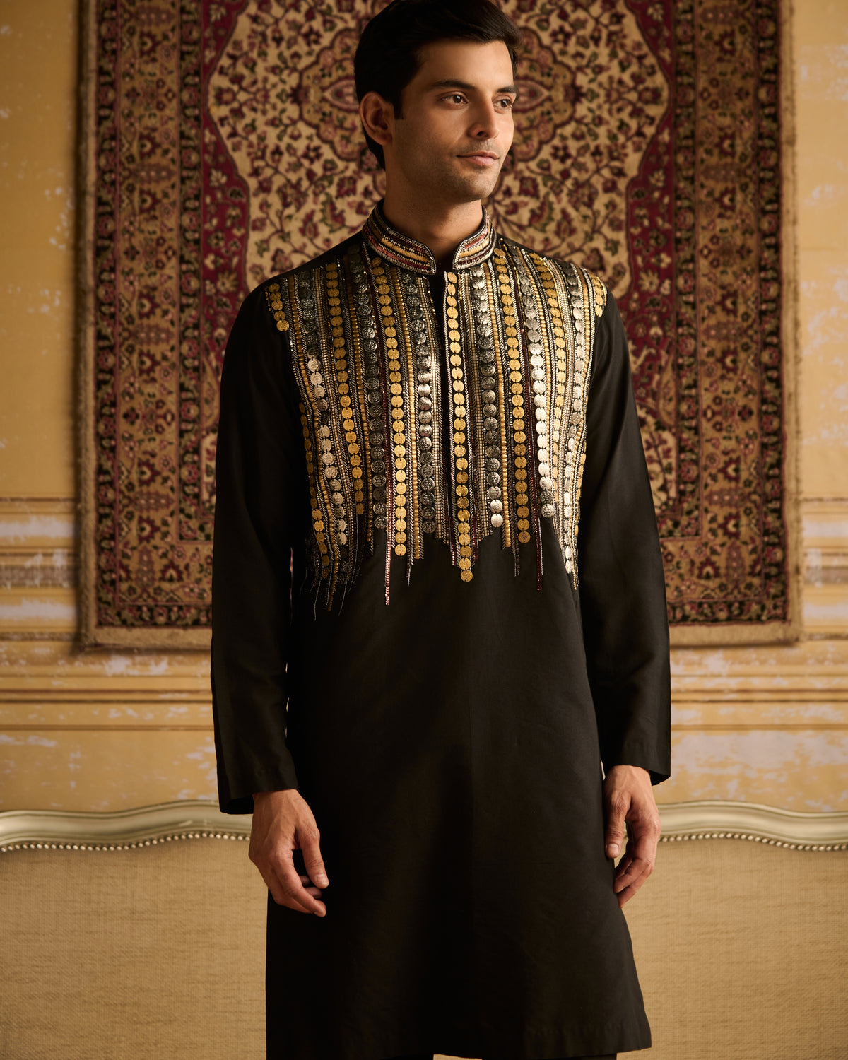 Black Tribal Rustic Embroidered Kurta With Black Pants