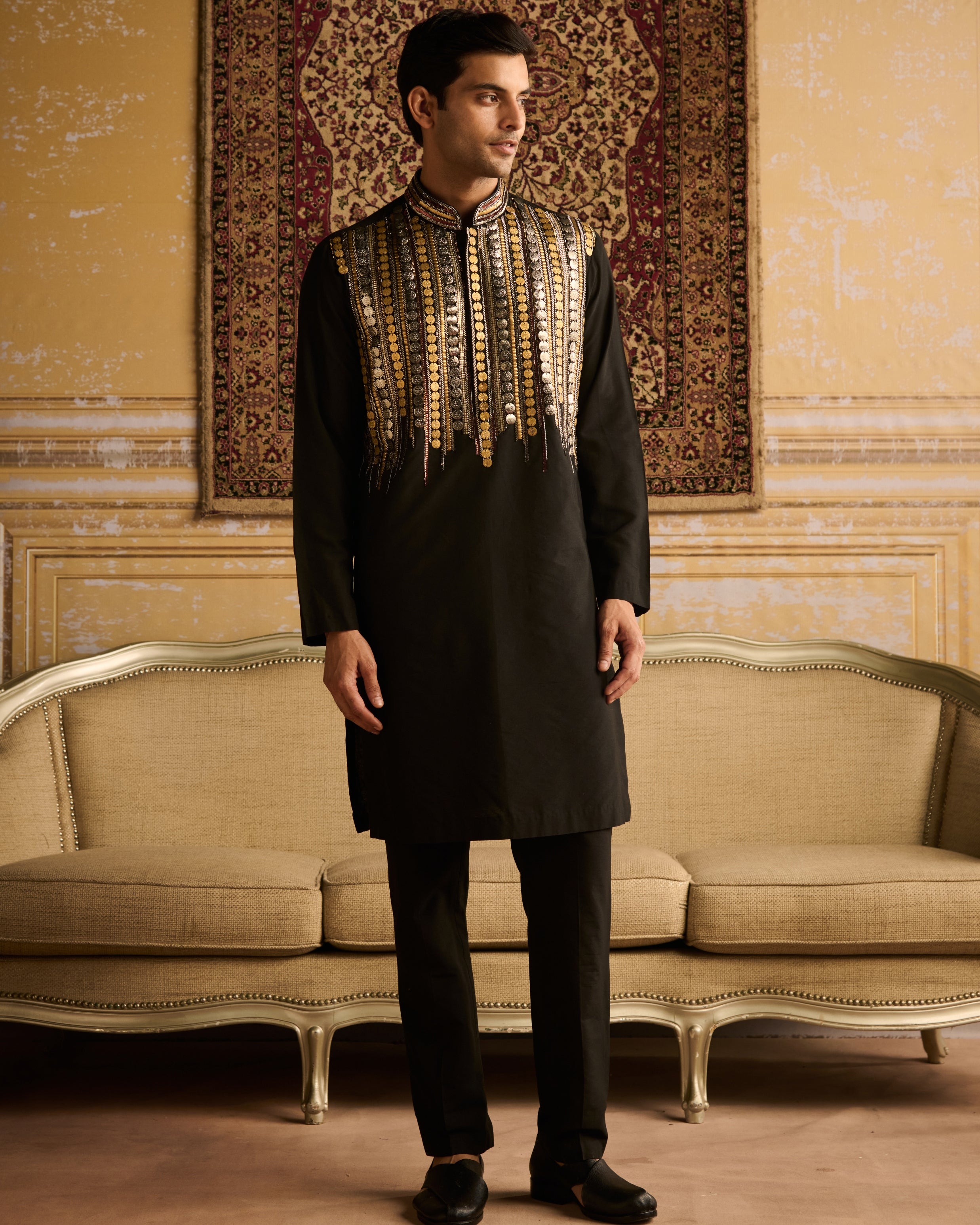 Black Tribal Rustic Embroidered Kurta With Black Pants