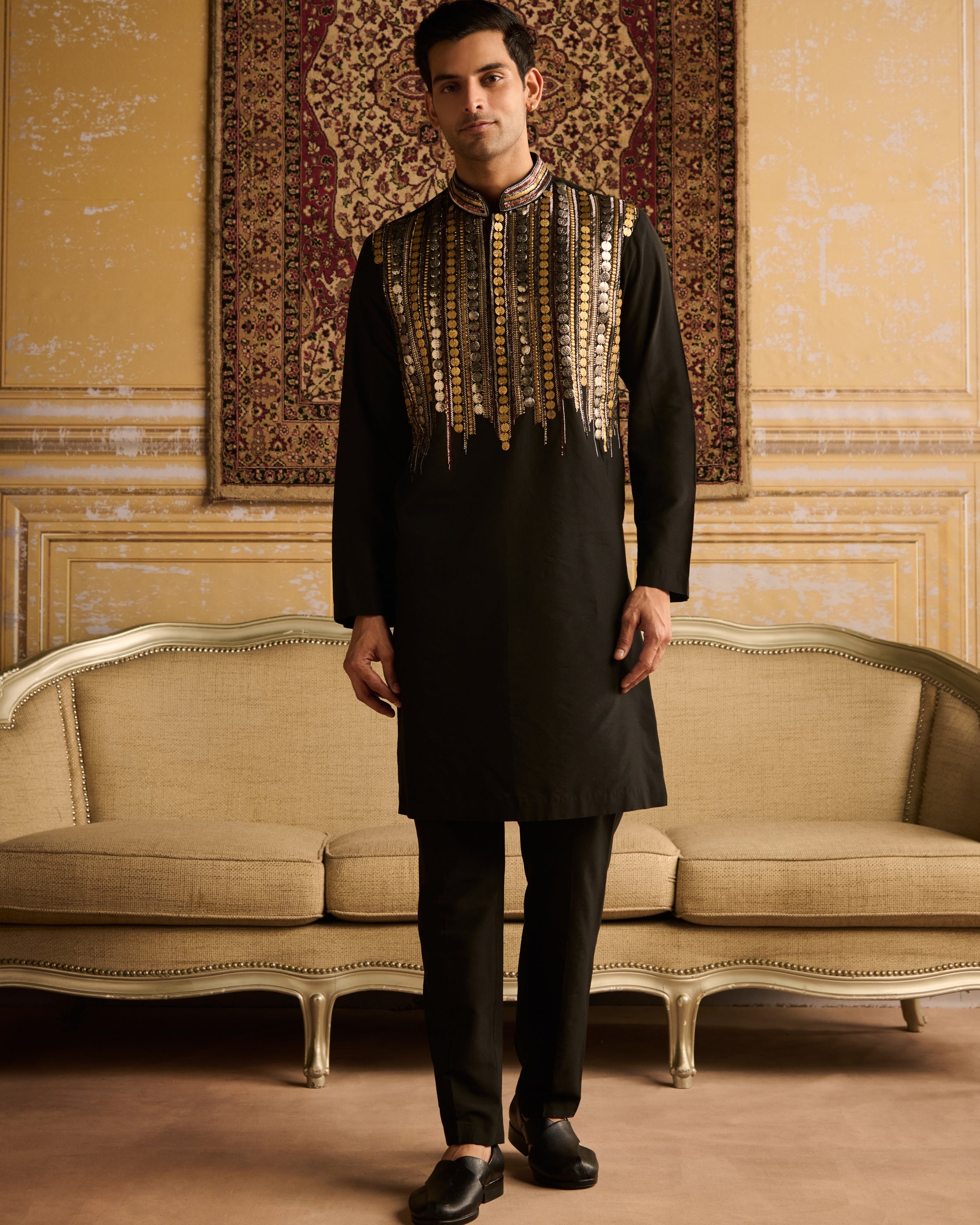 Black Tribal Rustic Embroidered Kurta With Black Pants