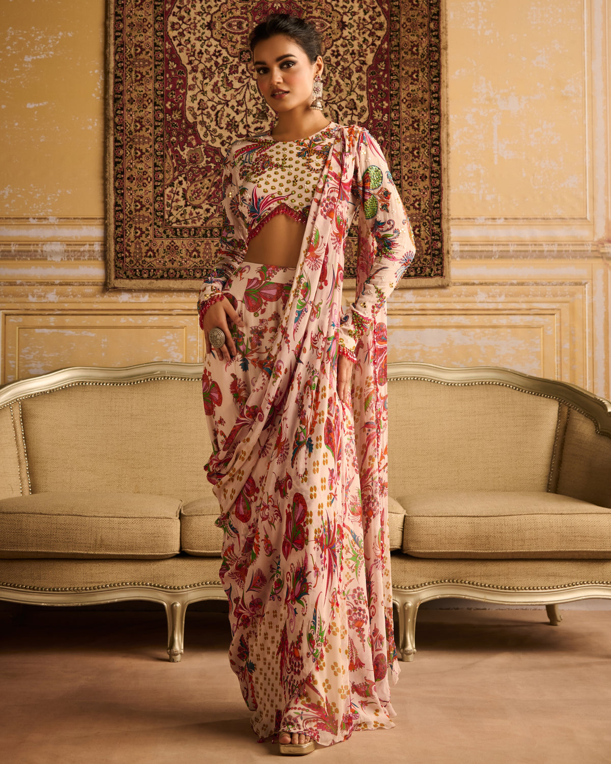 Red Print Embroidered Blouse And Sari Set