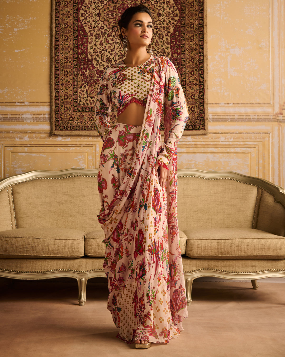 Red Print Embroidered Blouse And Sharara Sari Set