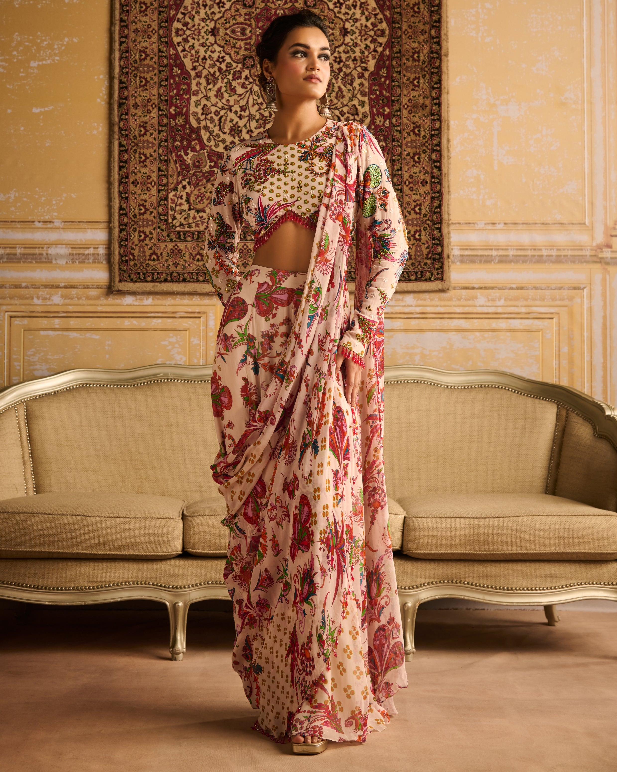 Red Print Embroidered Blouse And Sari Set