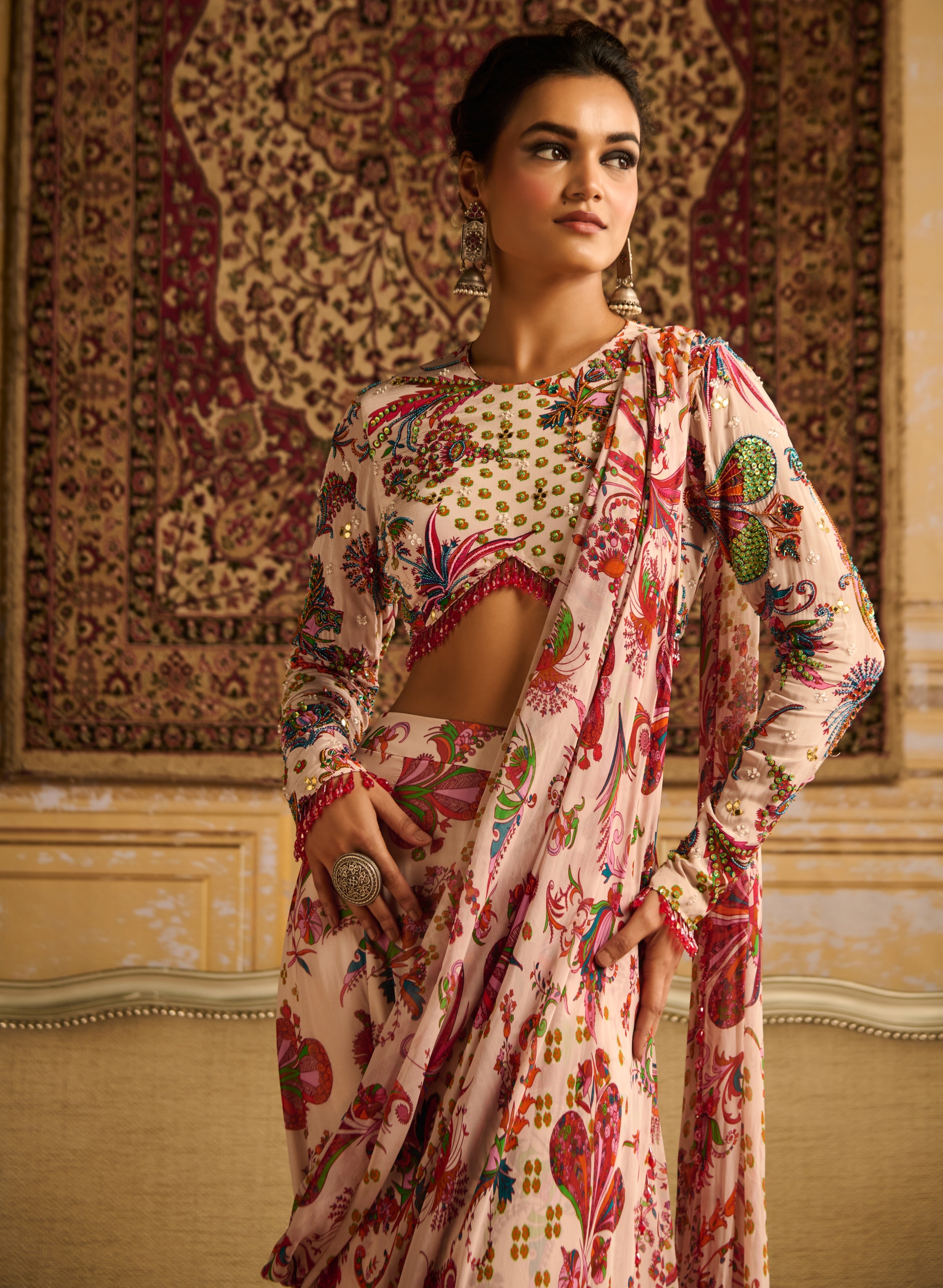 Red Print Embroidered Blouse And Sari Set