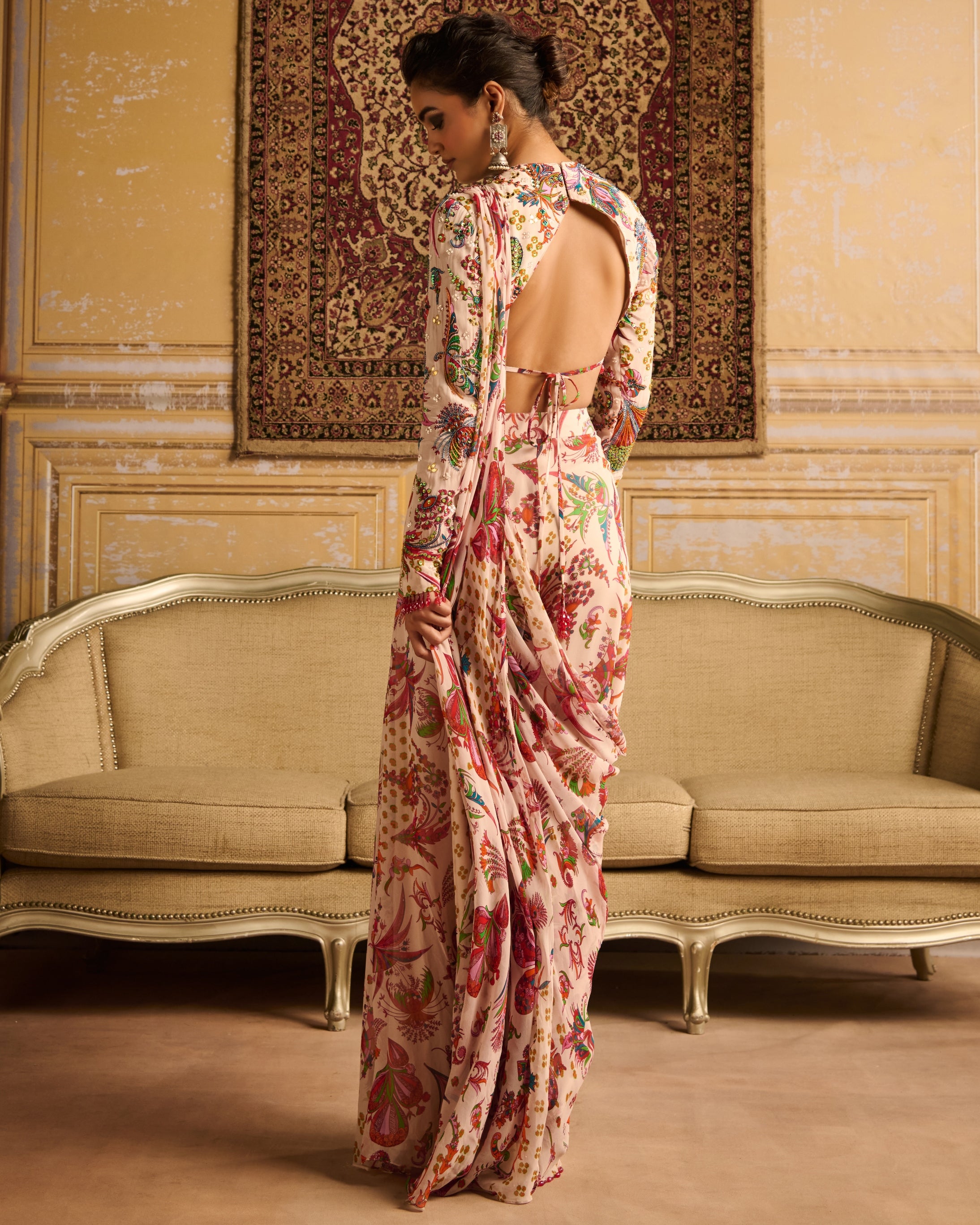 Red Print Embroidered Blouse And Sari Set