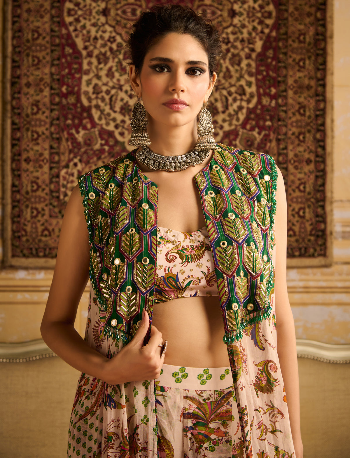 Green Print & Embroidered Cape Set