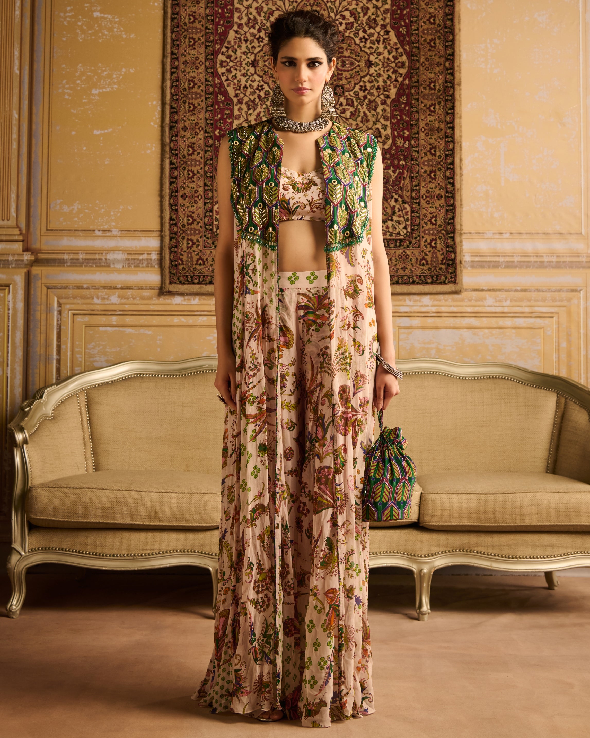 Green Print & Embroidered Cape Set