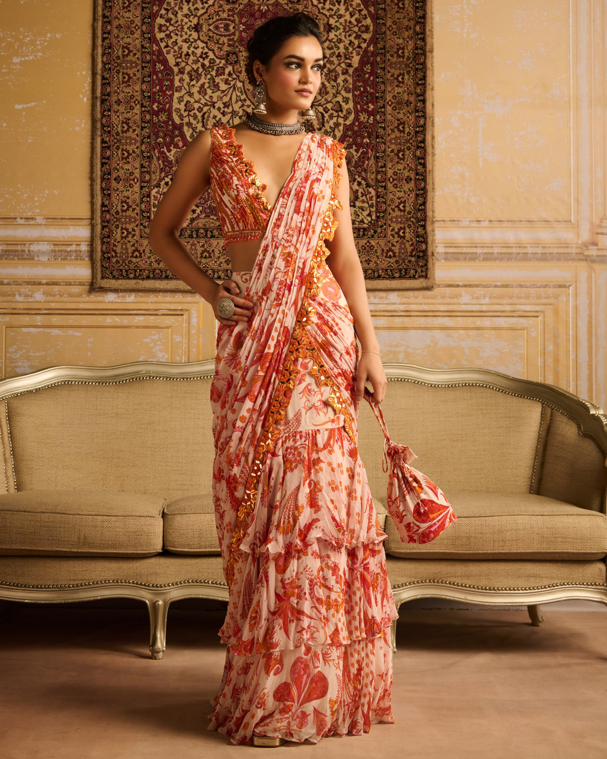 Orange Print & Embroidered Blouse And Skirt Sari Set