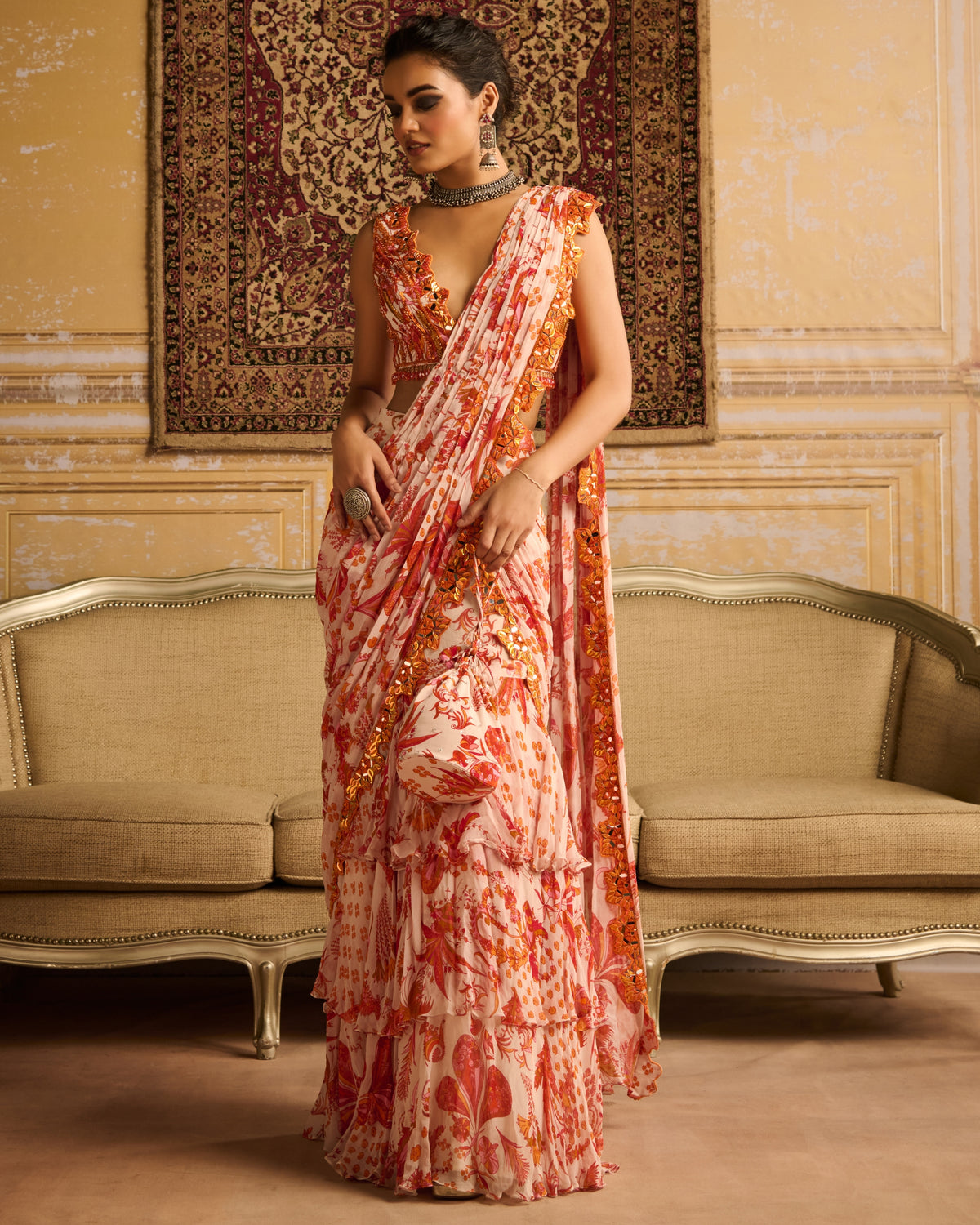 Orange Print & Embroidered Blouse And Skirt Sari Set