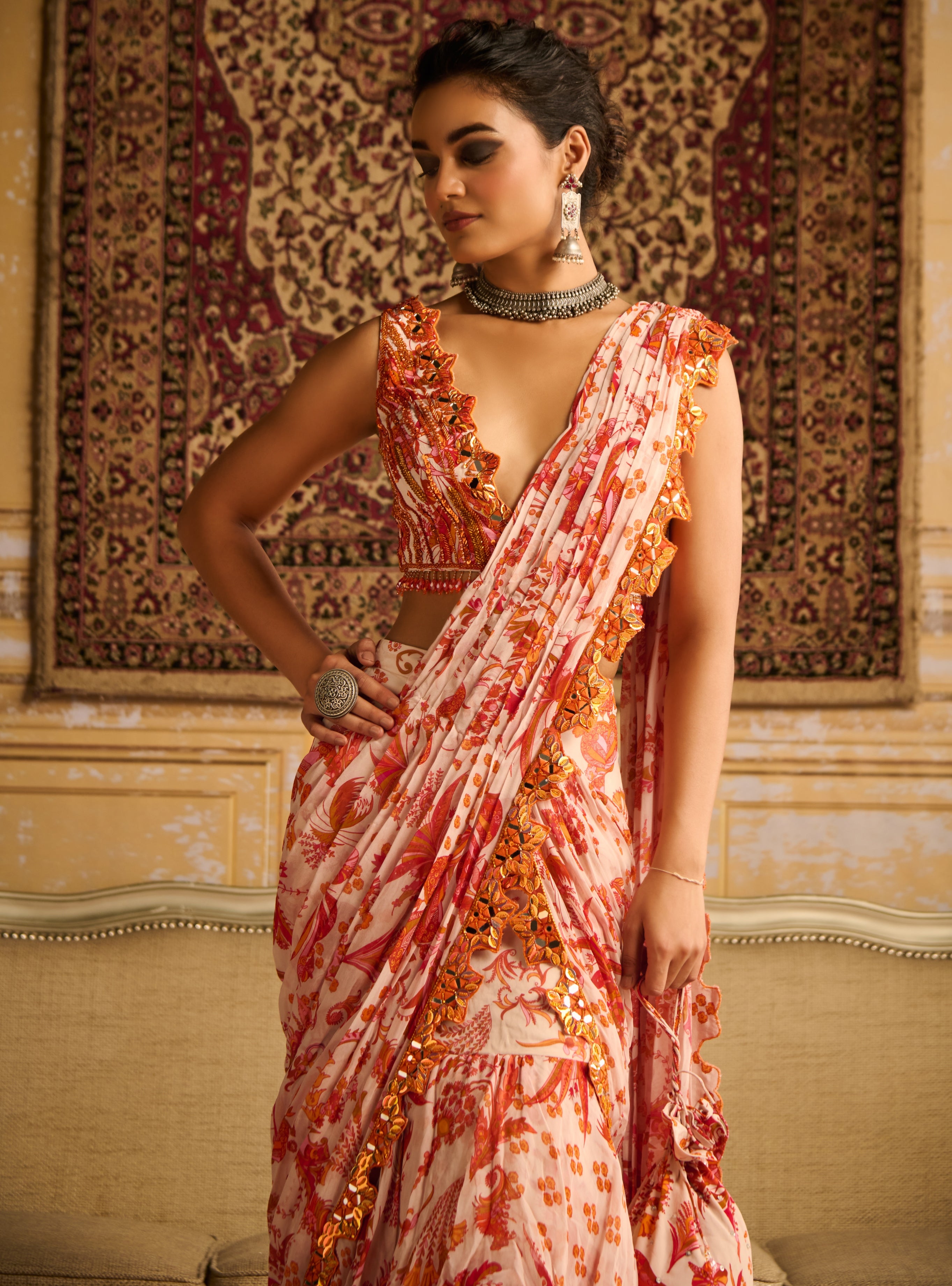 Orange Print & Embroidered Blouse And Skirt Sari Set