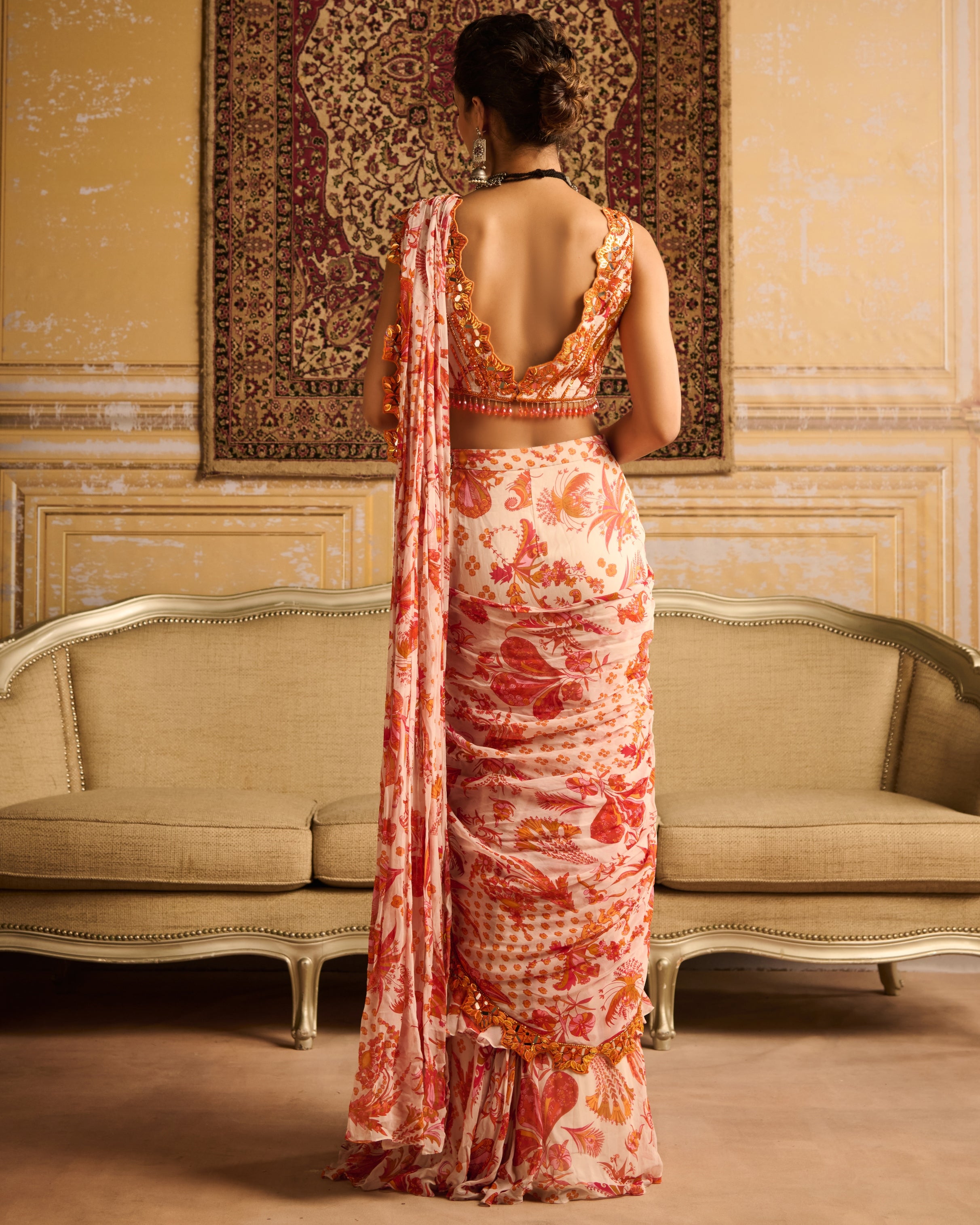 Orange Print & Embroidered Blouse And Skirt Sari Set