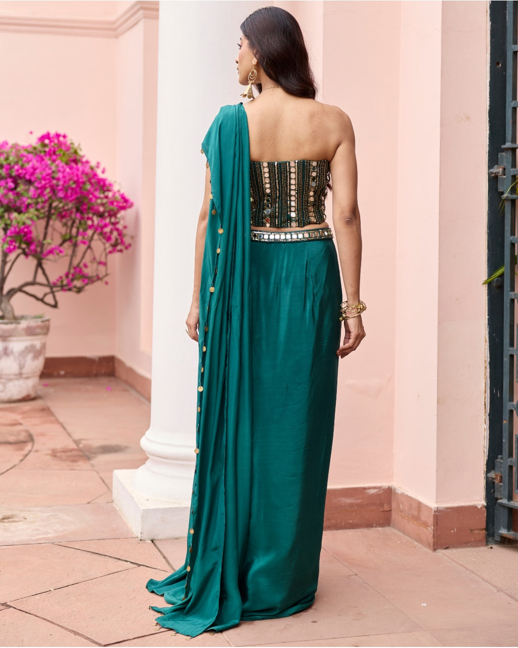 Bottle Green Embroidered Corset Sari Set