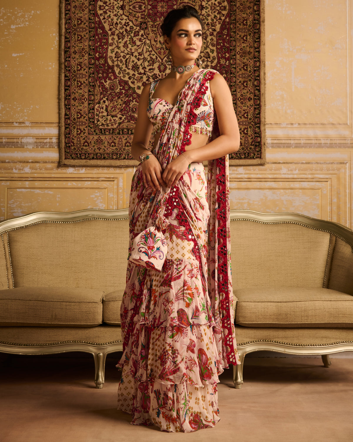 Red Embroidered Blouse And Skirt Sari Set