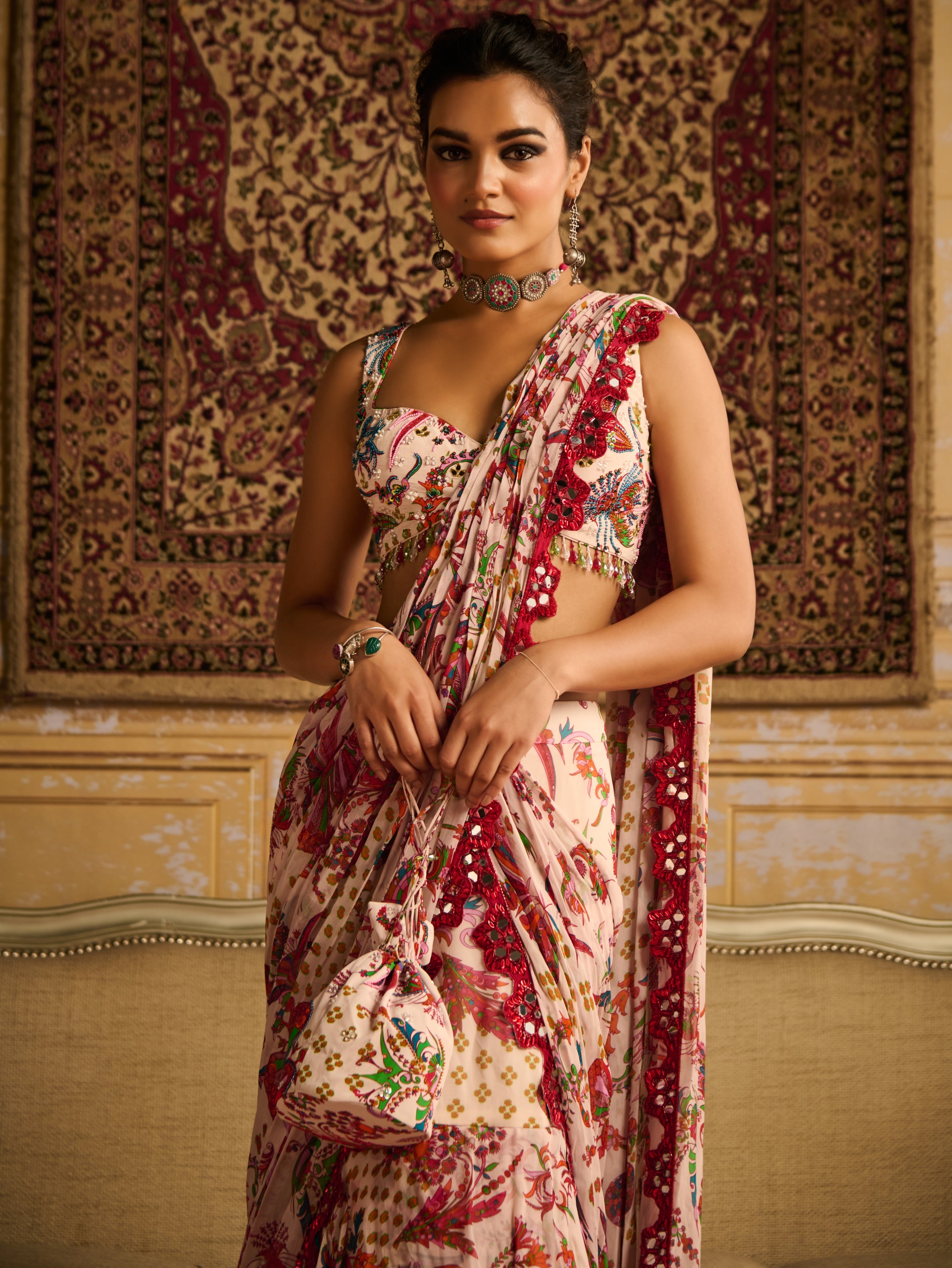 Red Embroidered Blouse And Skirt Sari Set