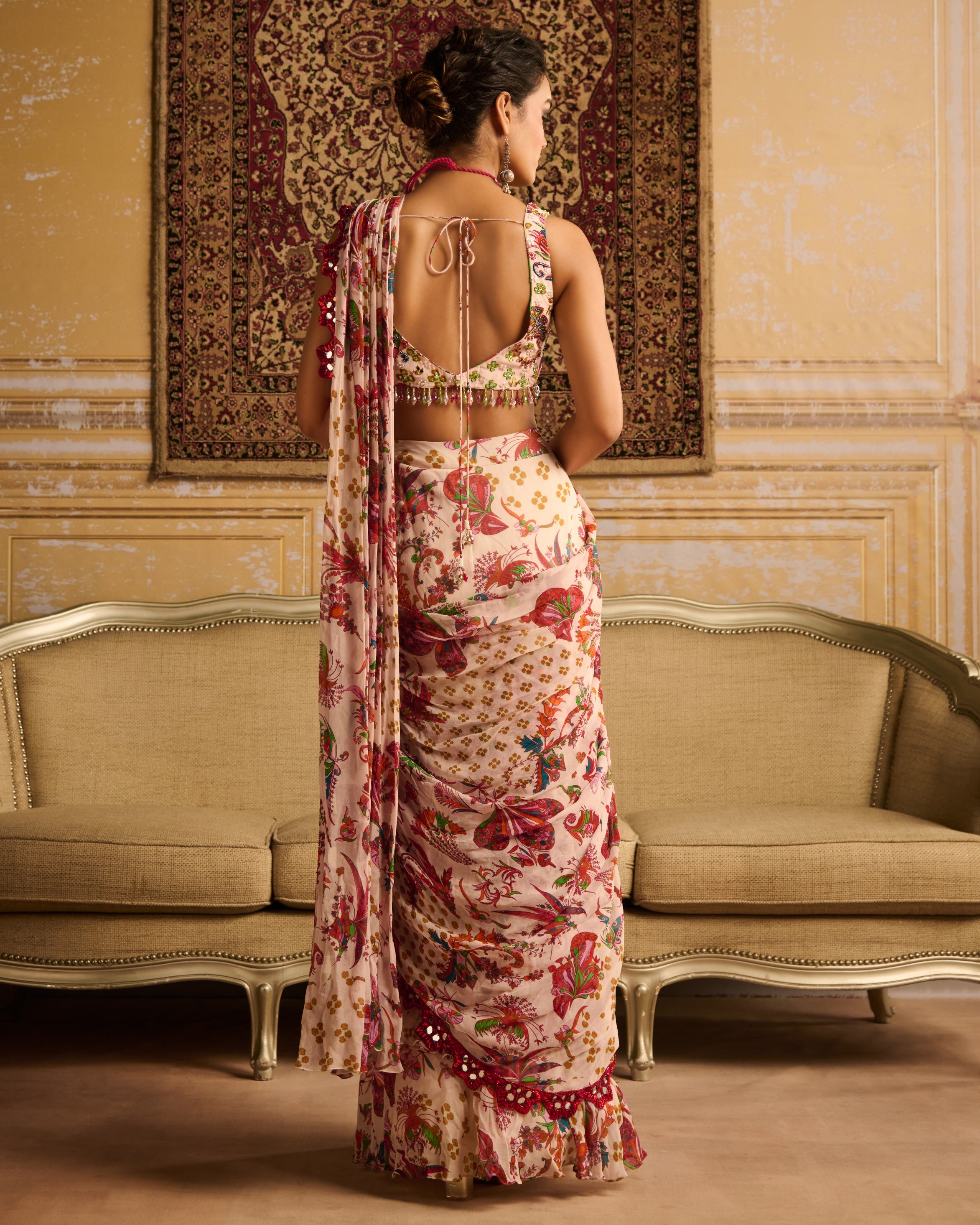 Red Embroidered Blouse And Skirt Sari Set