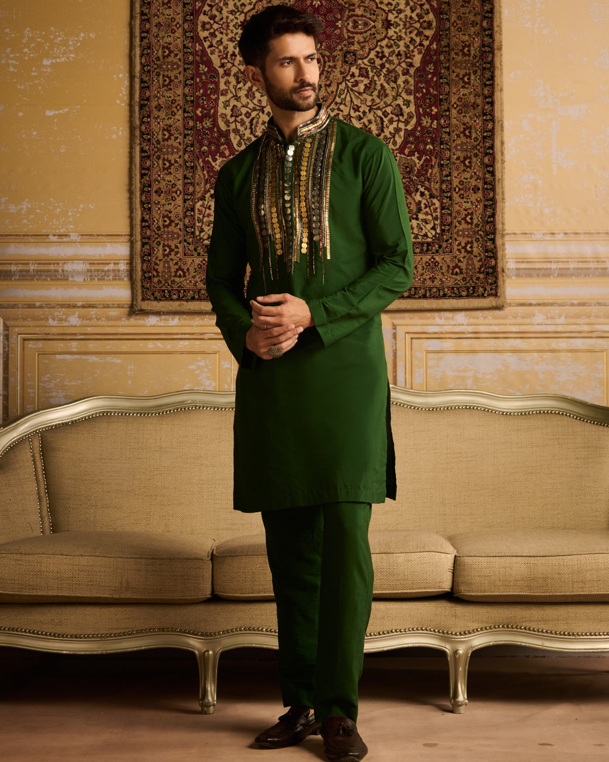 Olive Green Tribal Rustic Embroidered Kurta With Olive Green Pants