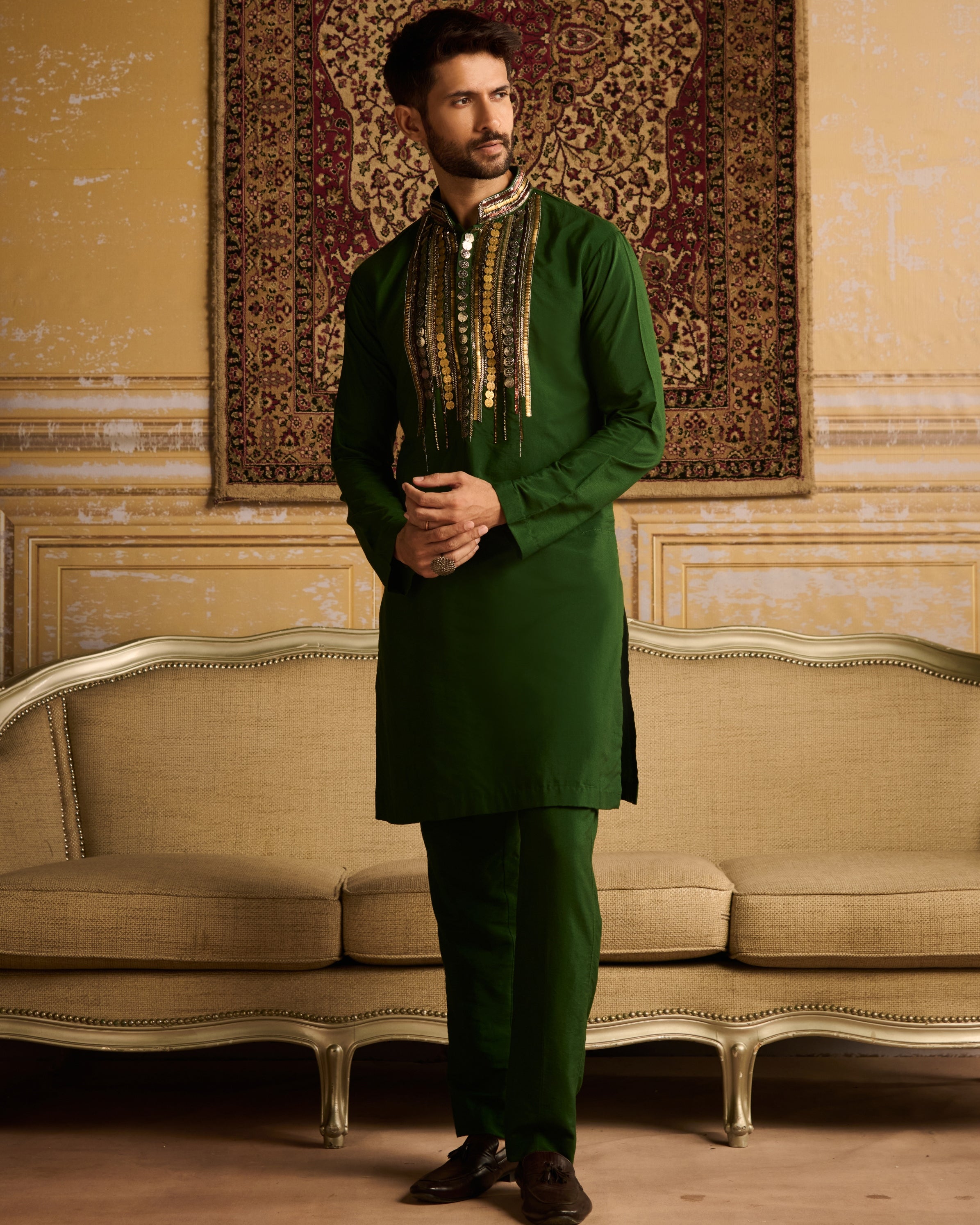 Olive Green Tribal Rustic Embroidered Kurta With Olive Green Pants