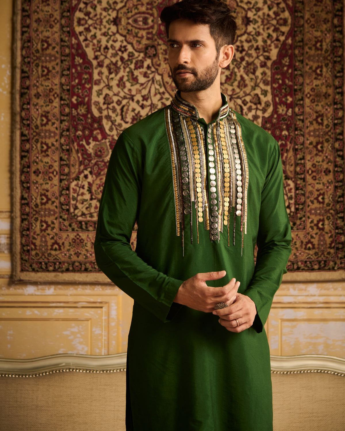 Olive Green Tribal Rustic Embroidered Kurta With Olive Green Pants