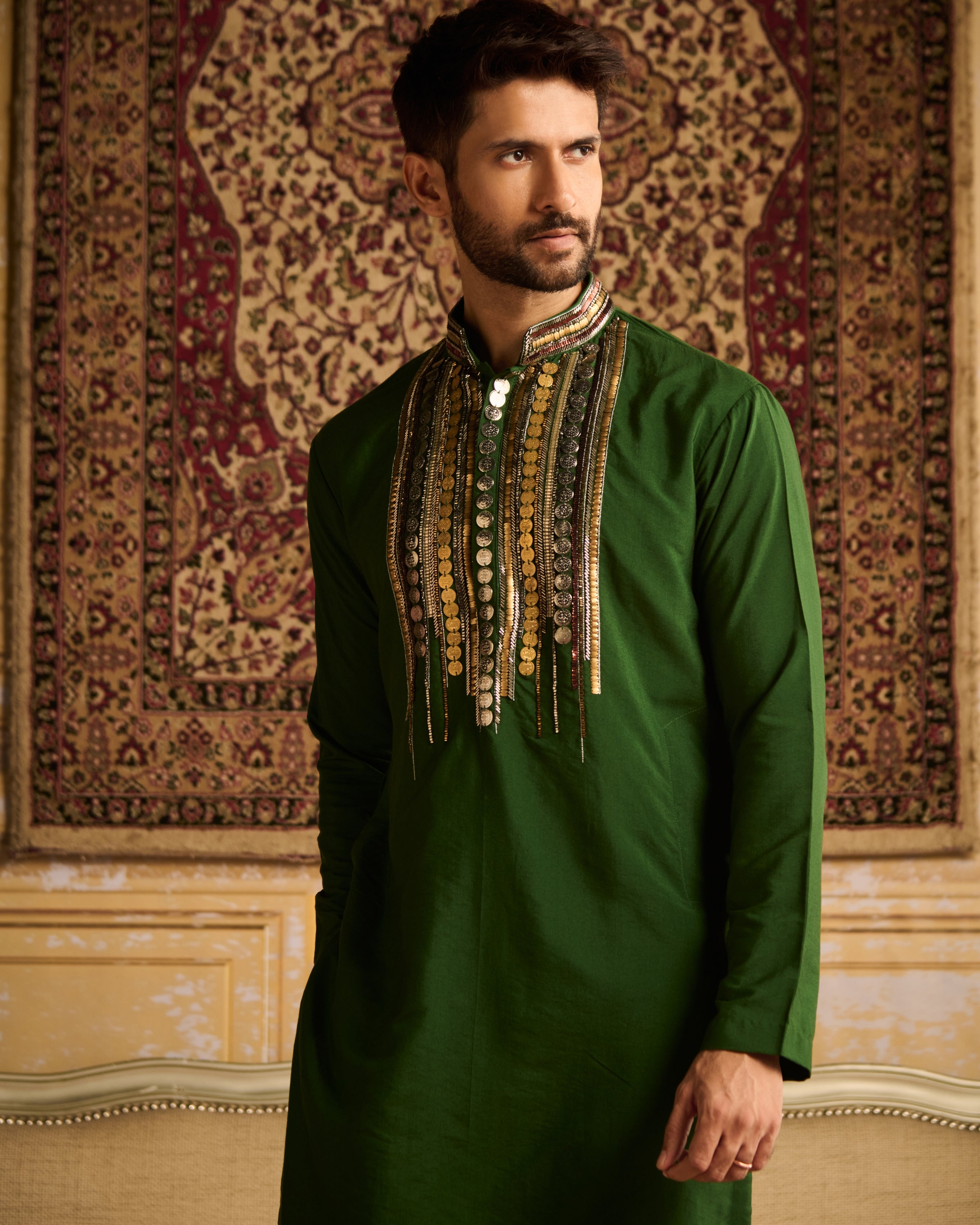 Olive Green Tribal Rustic Embroidered Kurta With Olive Green Pants