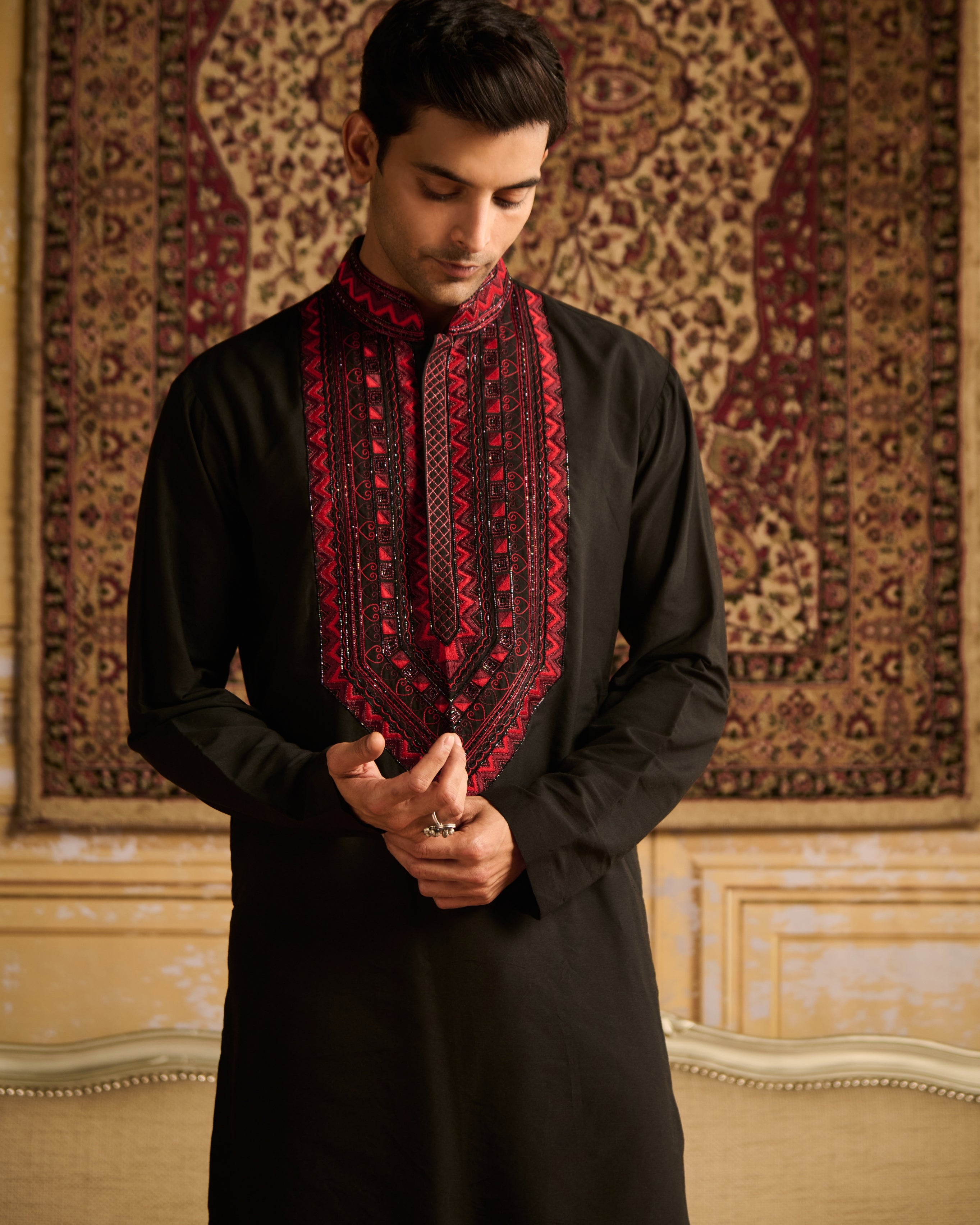 Black With Red Yoke Embroidered Kurta With Black Pants