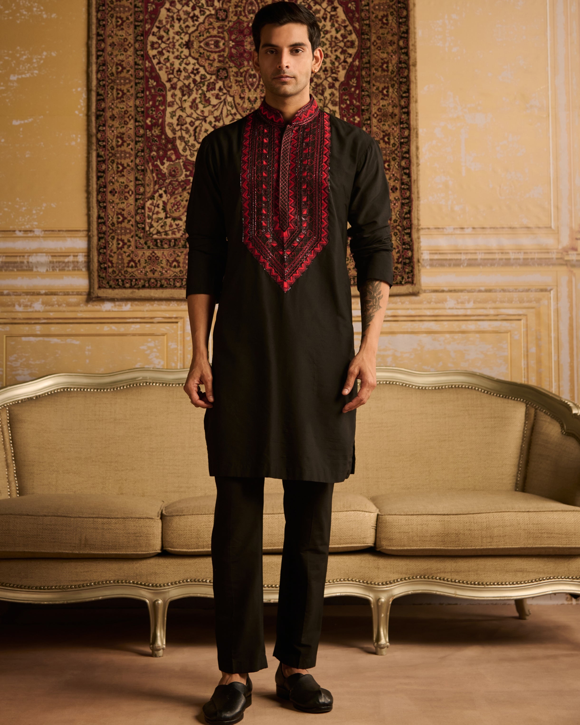 Black With Red Yoke Embroidered Kurta With Black Pants