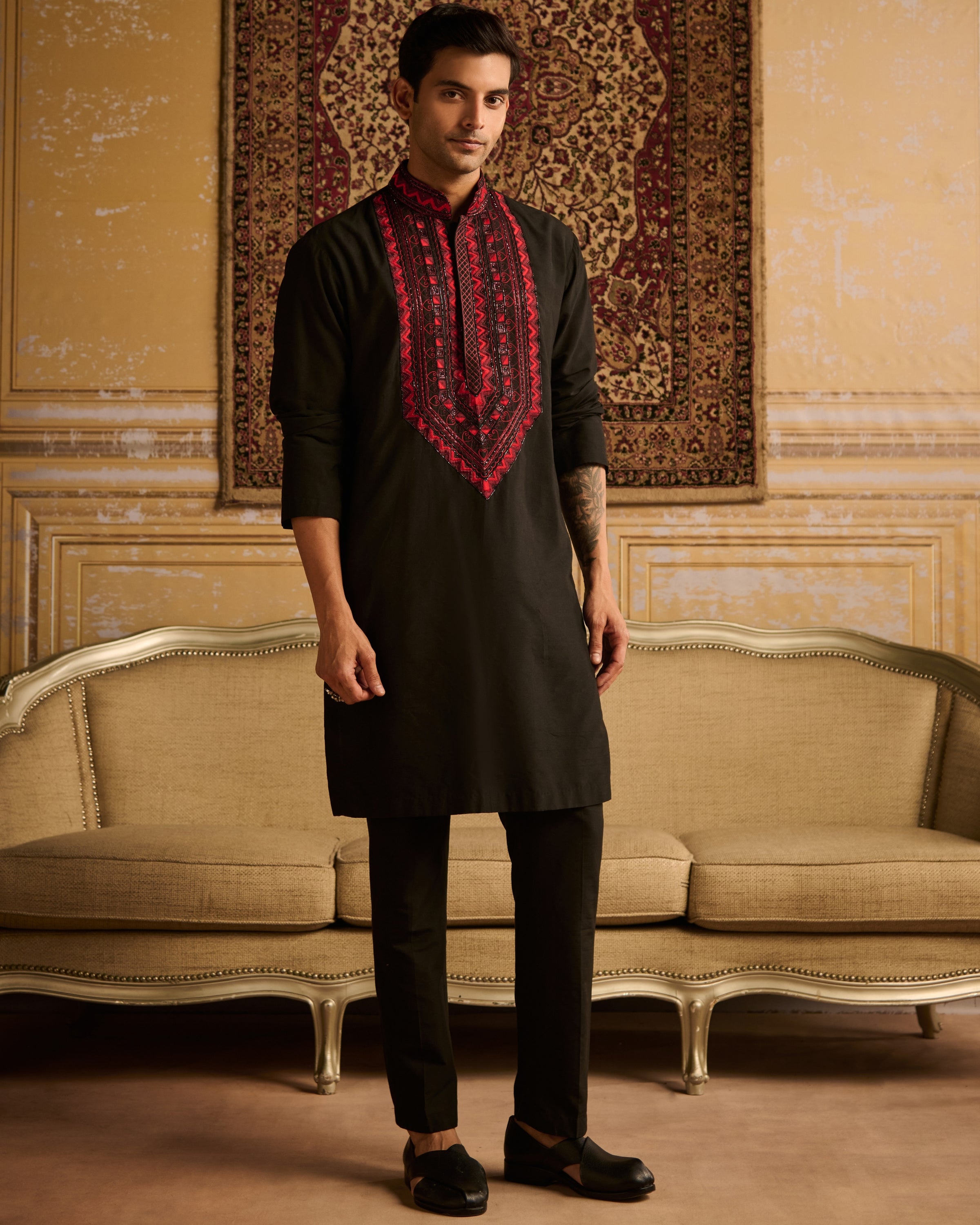 Black With Red Yoke Embroidered Kurta With Black Pants