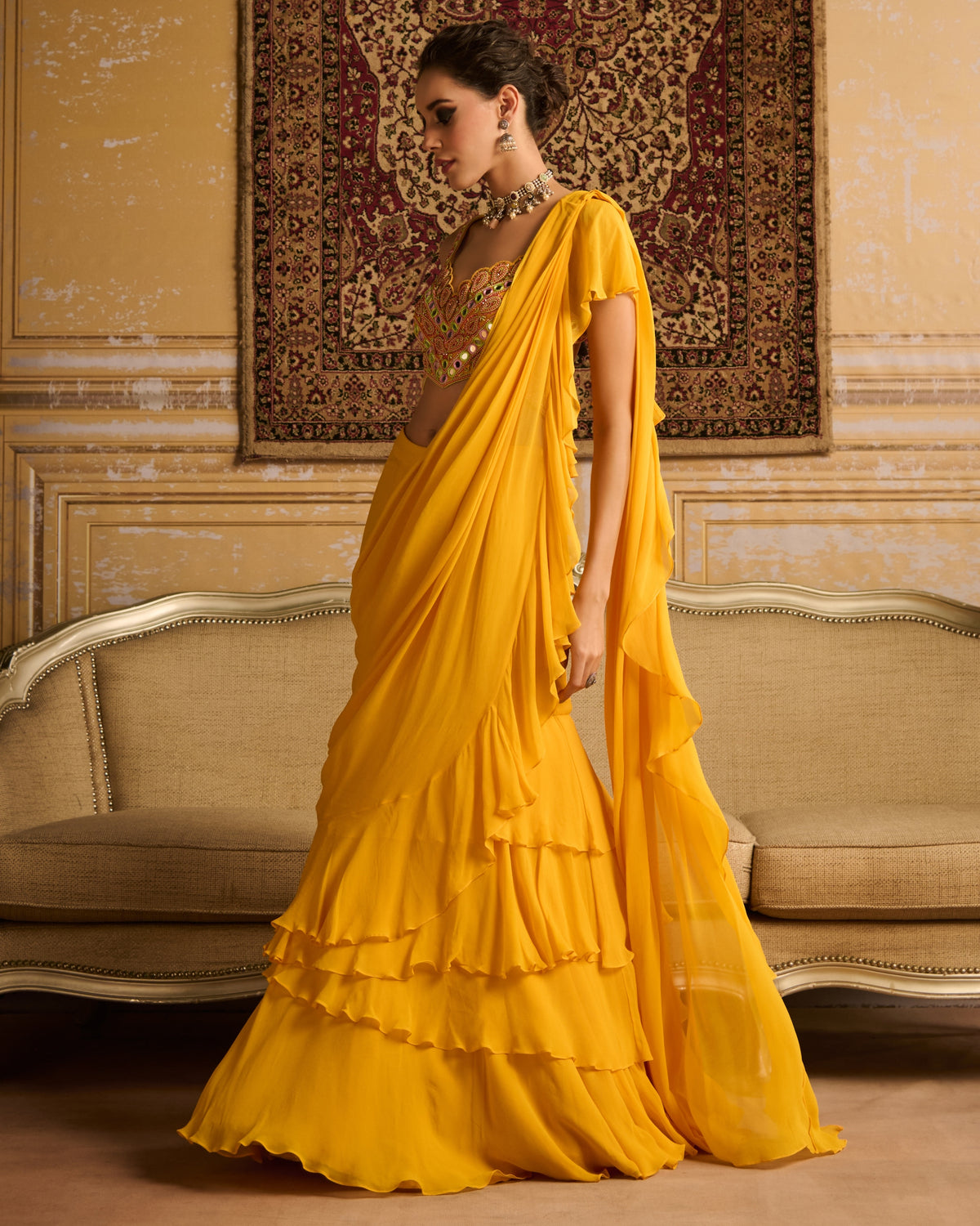 Yellow Embroidered Blouse And Skirt Sari Set