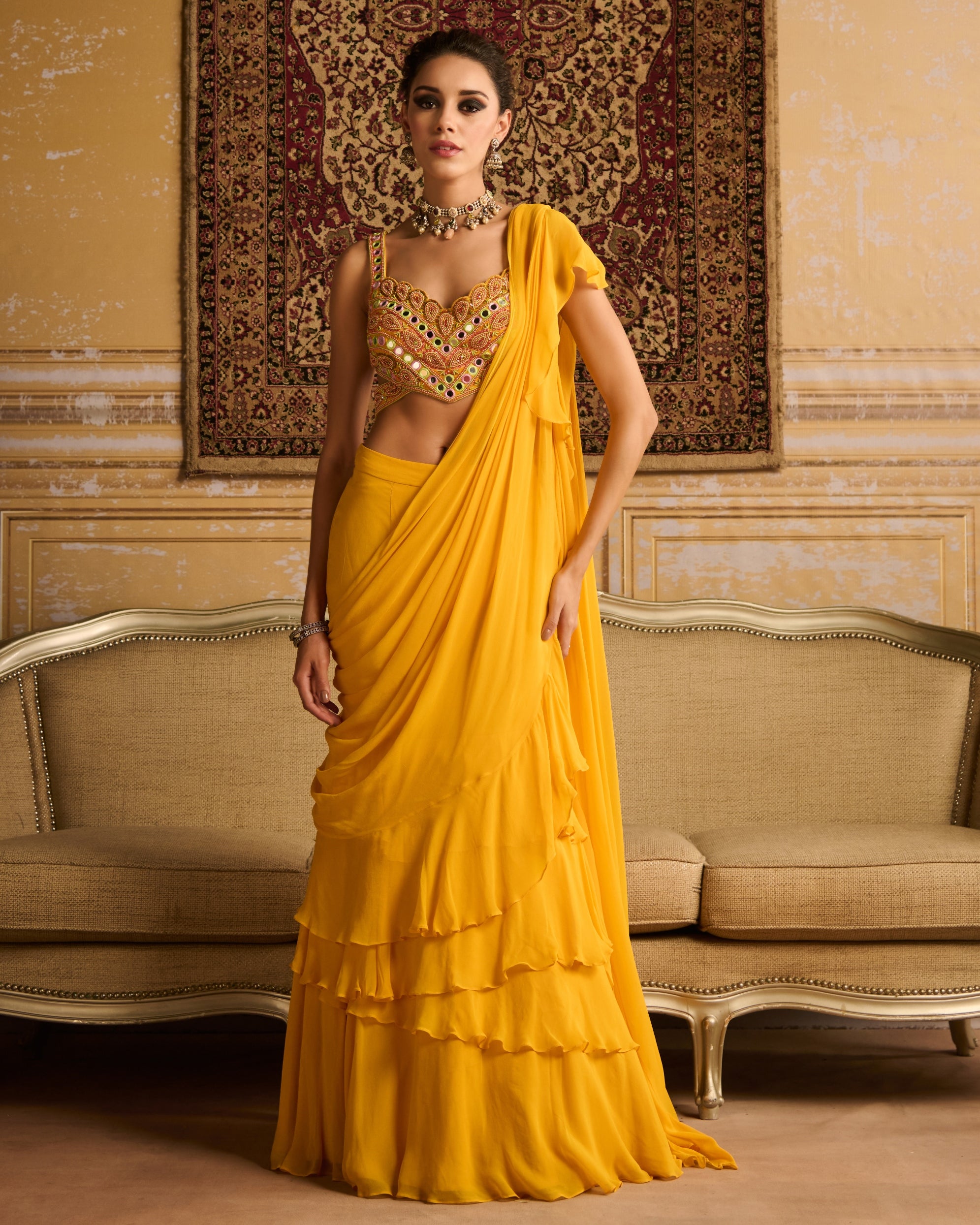 Yellow Embroidered Blouse And Skirt Sari Set