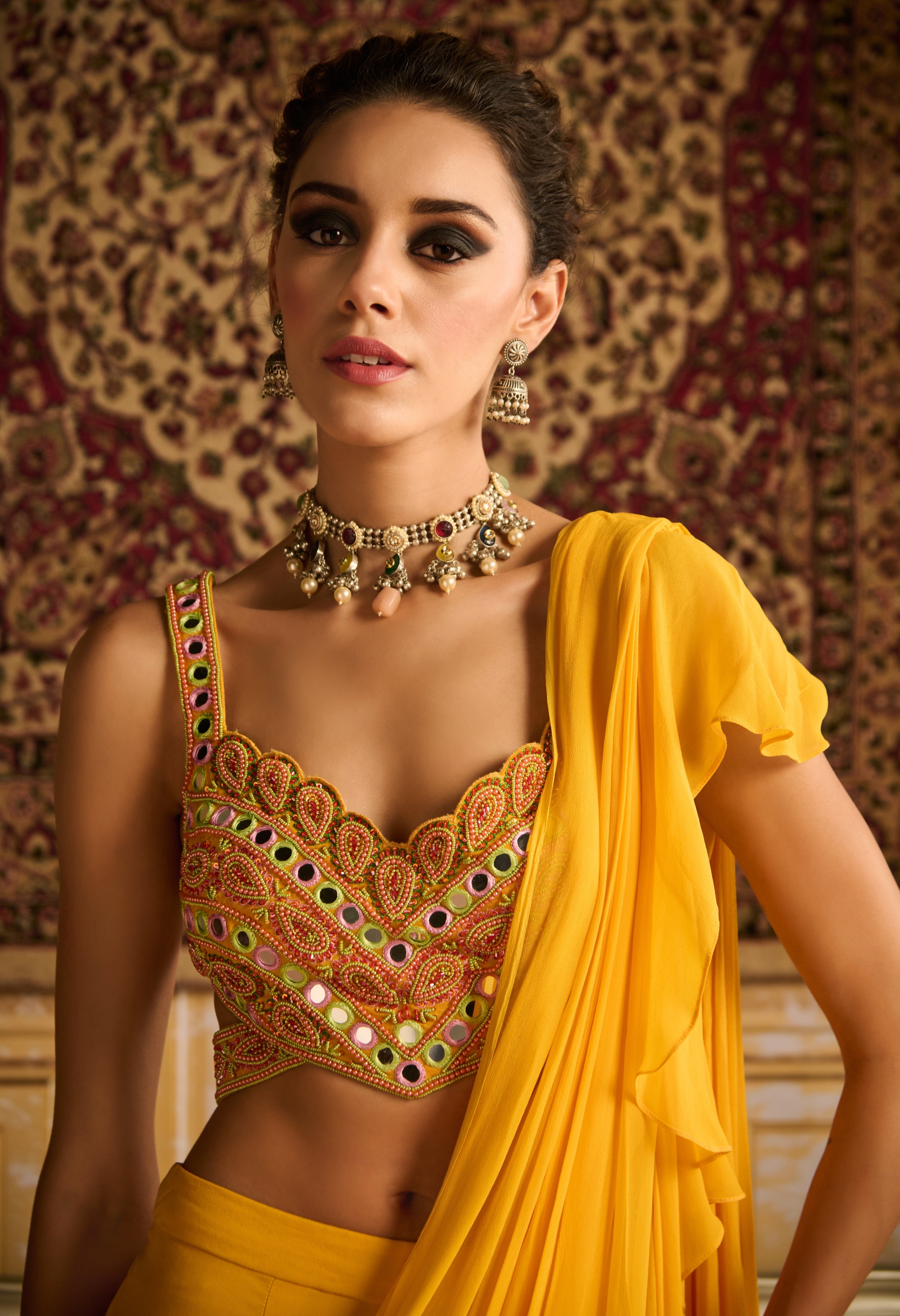 Yellow Embroidered Blouse And Skirt Sari Set