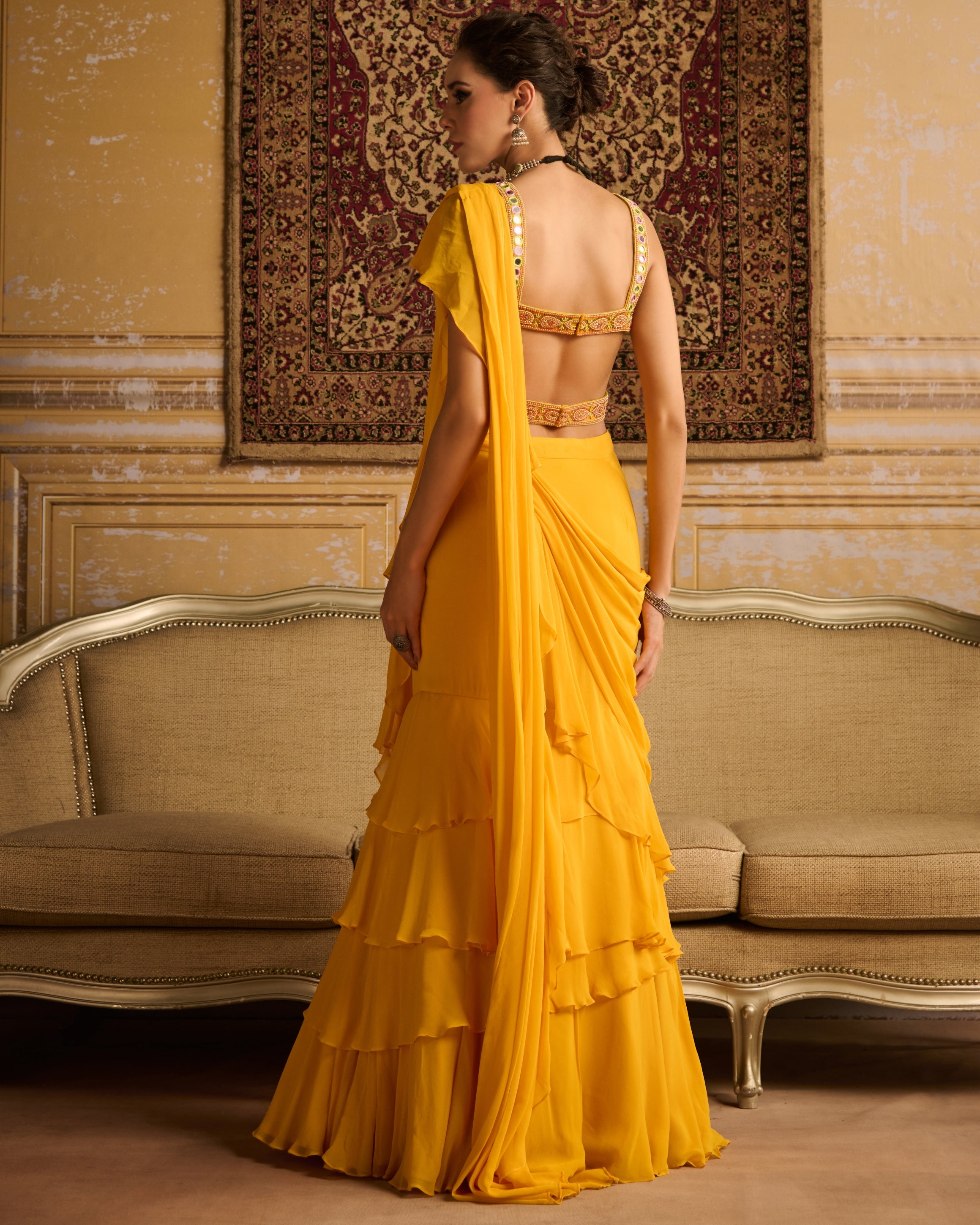 Yellow Embroidered Blouse And Skirt Sari Set