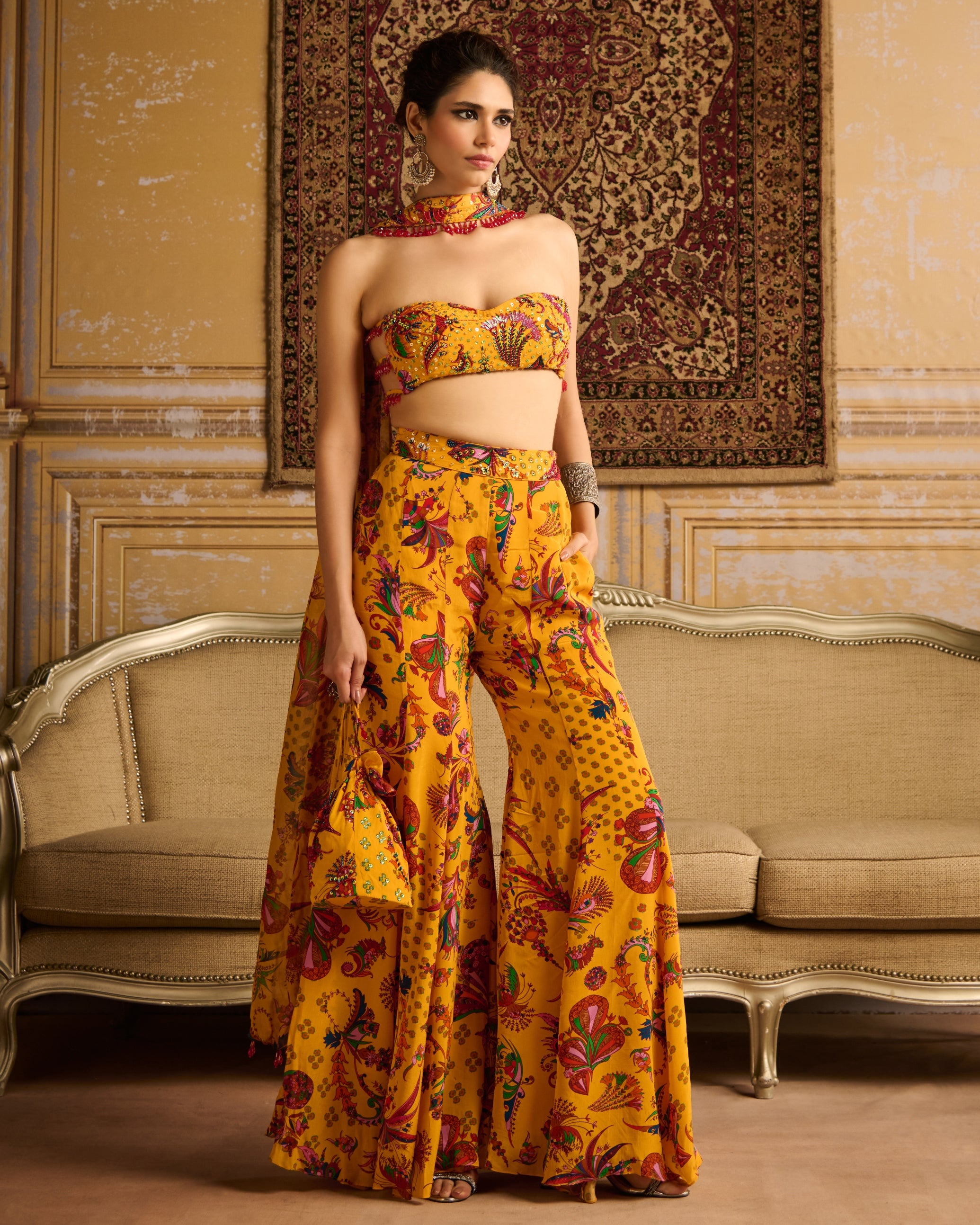 Yellow Highlighted Blouse And Sharara Set