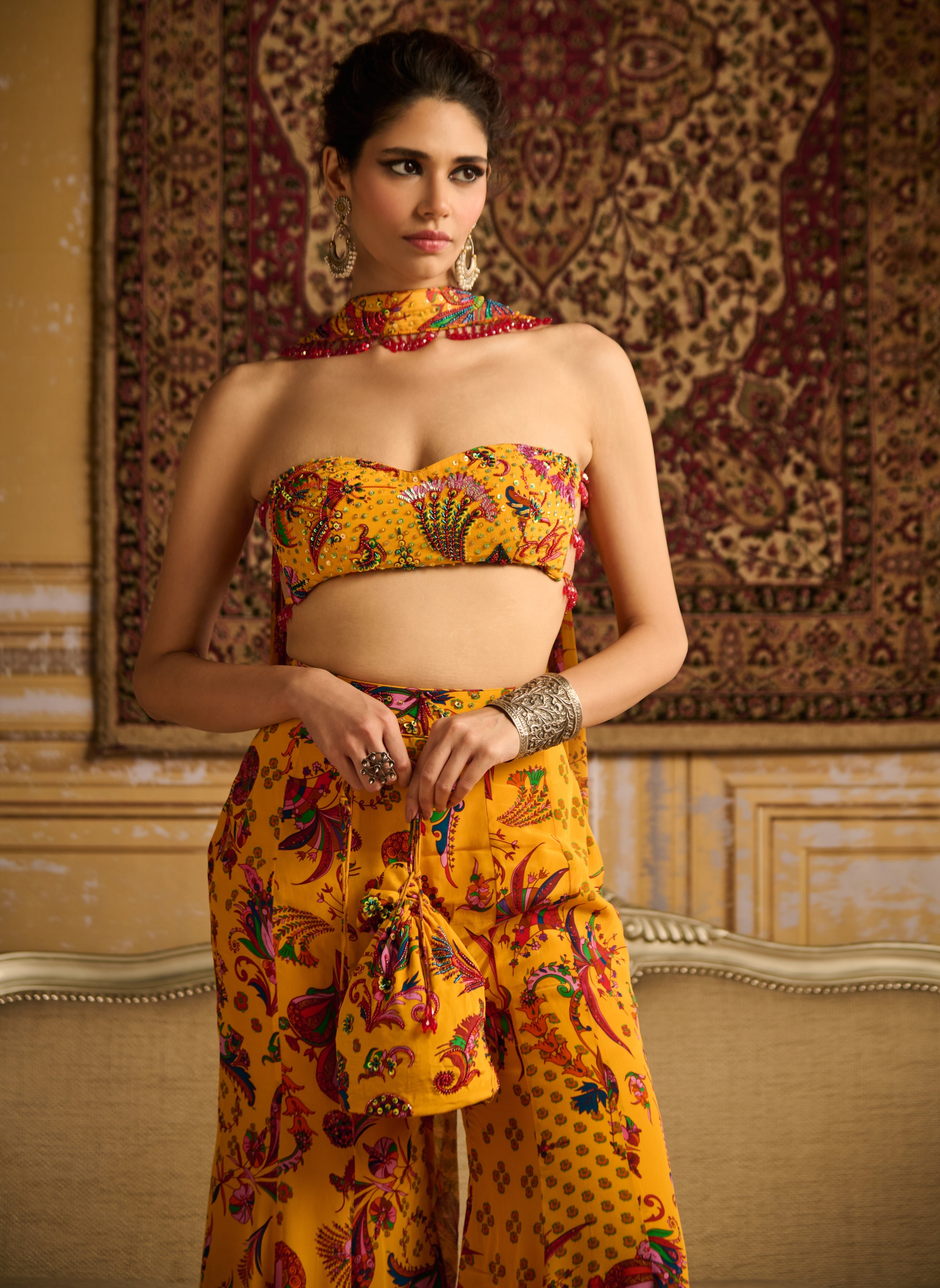 Yellow Highlighted Blouse And Sharara Set