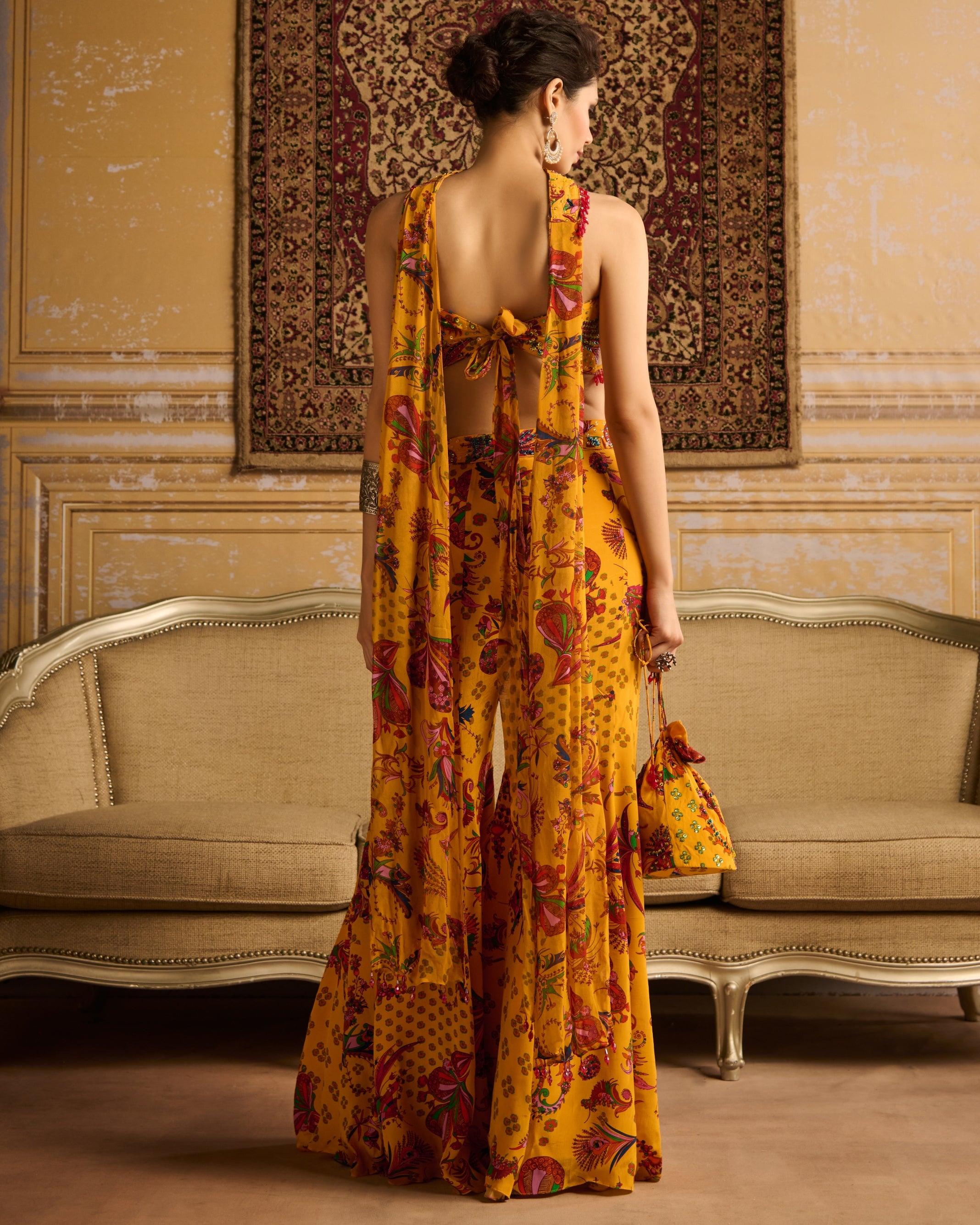 Yellow Highlighted Blouse And Sharara Set