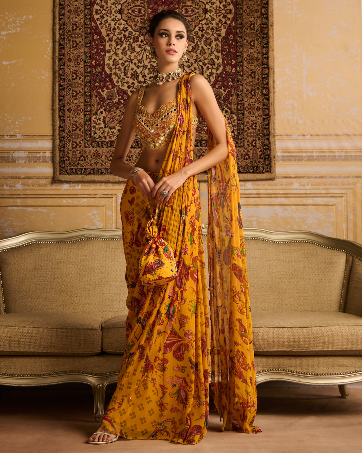 Yellow Embroidered Blouse And Sharara Sari Set