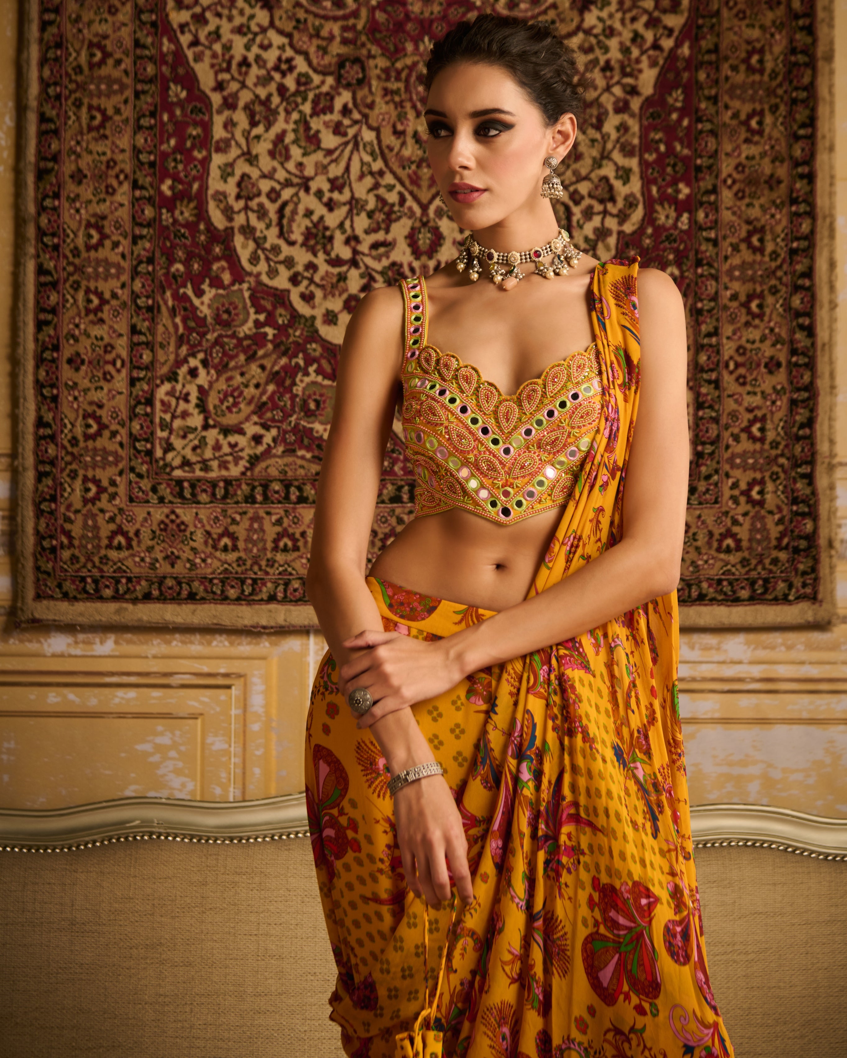 Yellow Embroidered Blouse And Sharara Sari Set