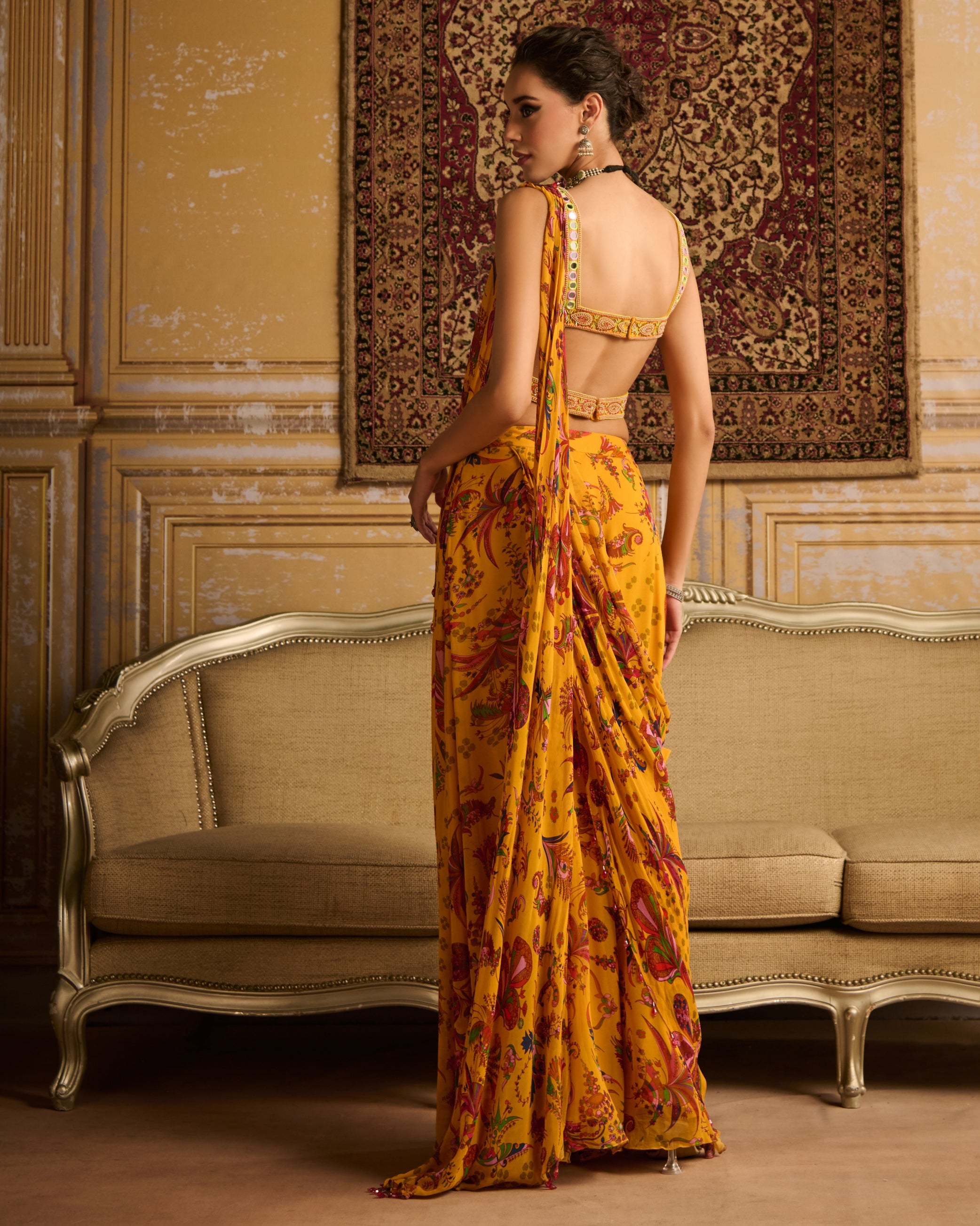 Yellow Embroidered Blouse And Sharara Sari Set