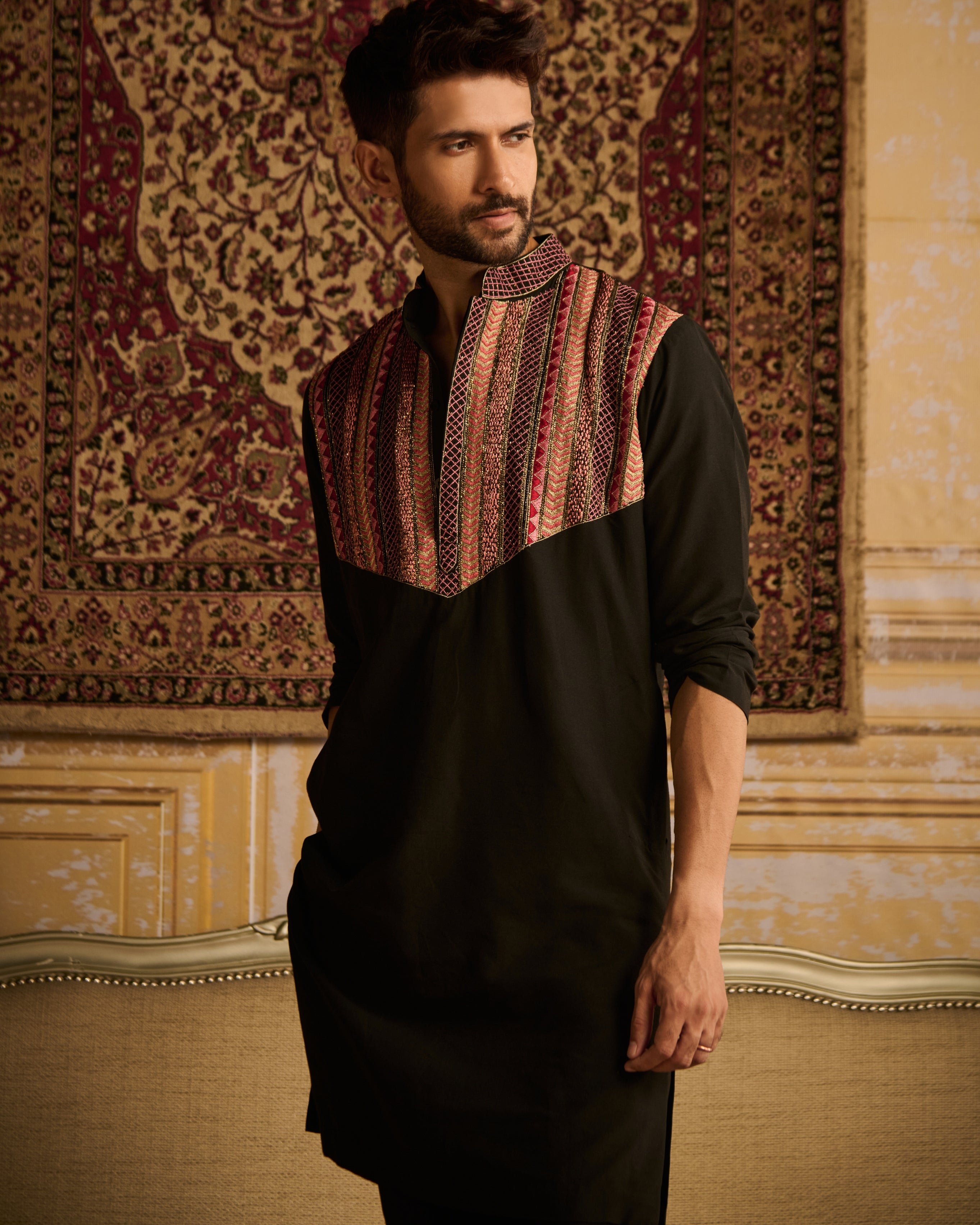 Black Tribal Embroidered Kurta With Black Pants