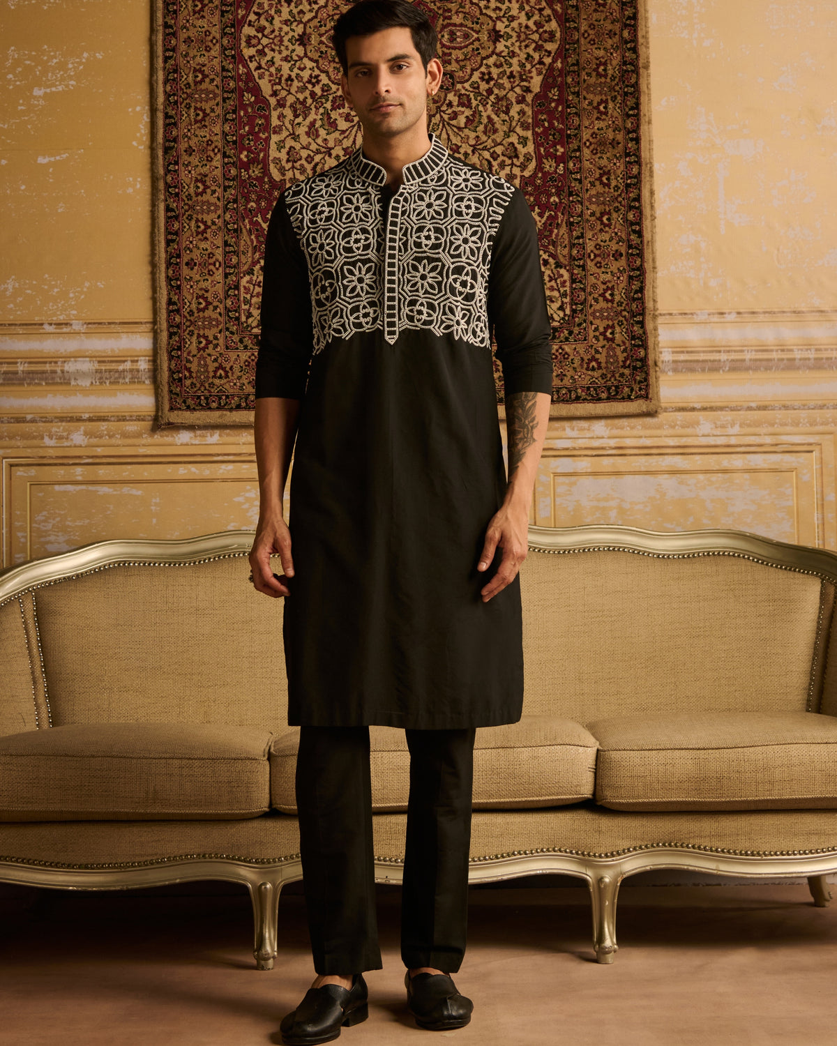 Black With White Thread & Beads Embroidered Kurta With Black Pants