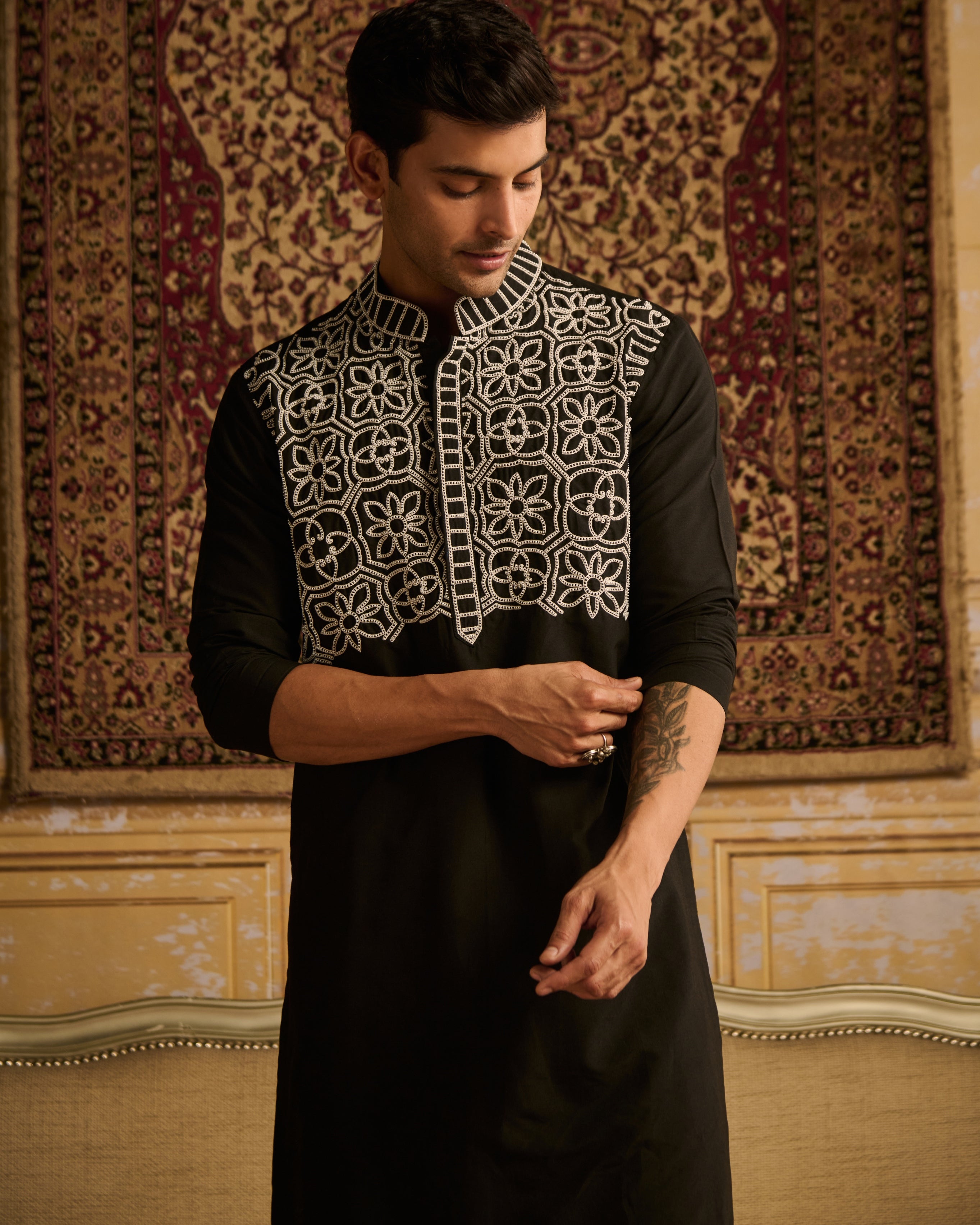 Black With White Thread & Beads Embroidered Kurta With Black Pants