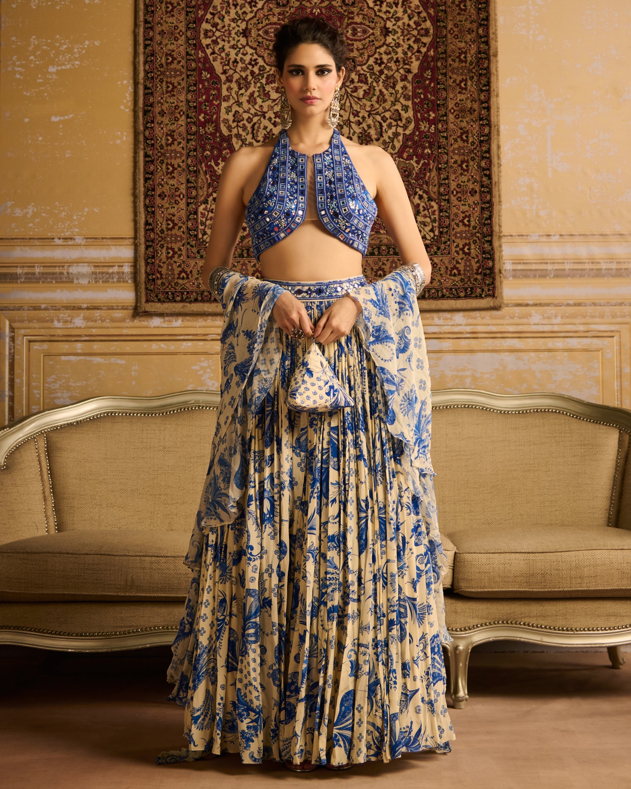 Blue Embroidered Blouse And Lehenga Set