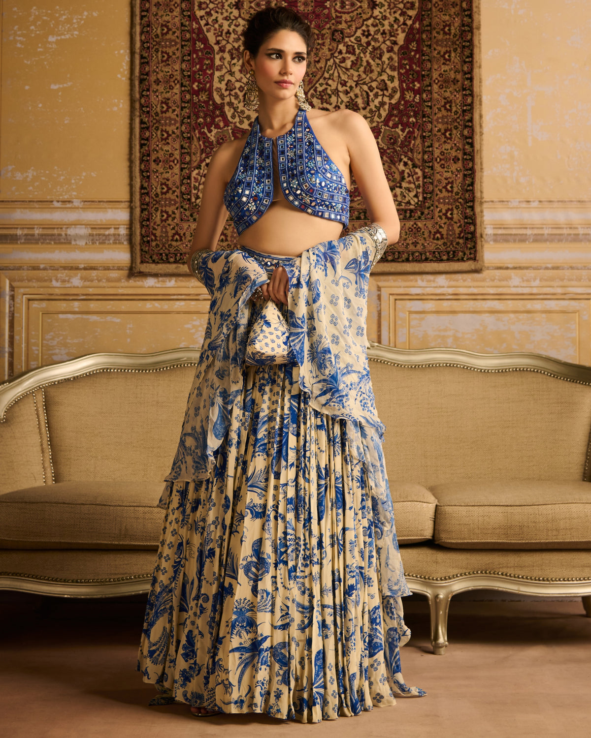 Blue Embroidered Blouse And Lehenga Set