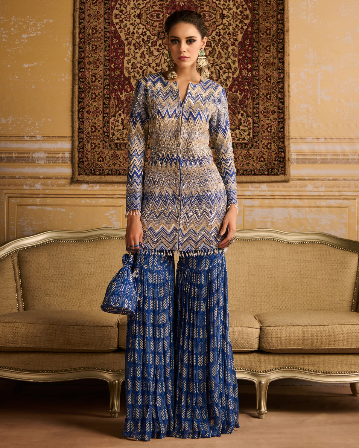 Blue Print Embroidered Jacket And Gharara Set