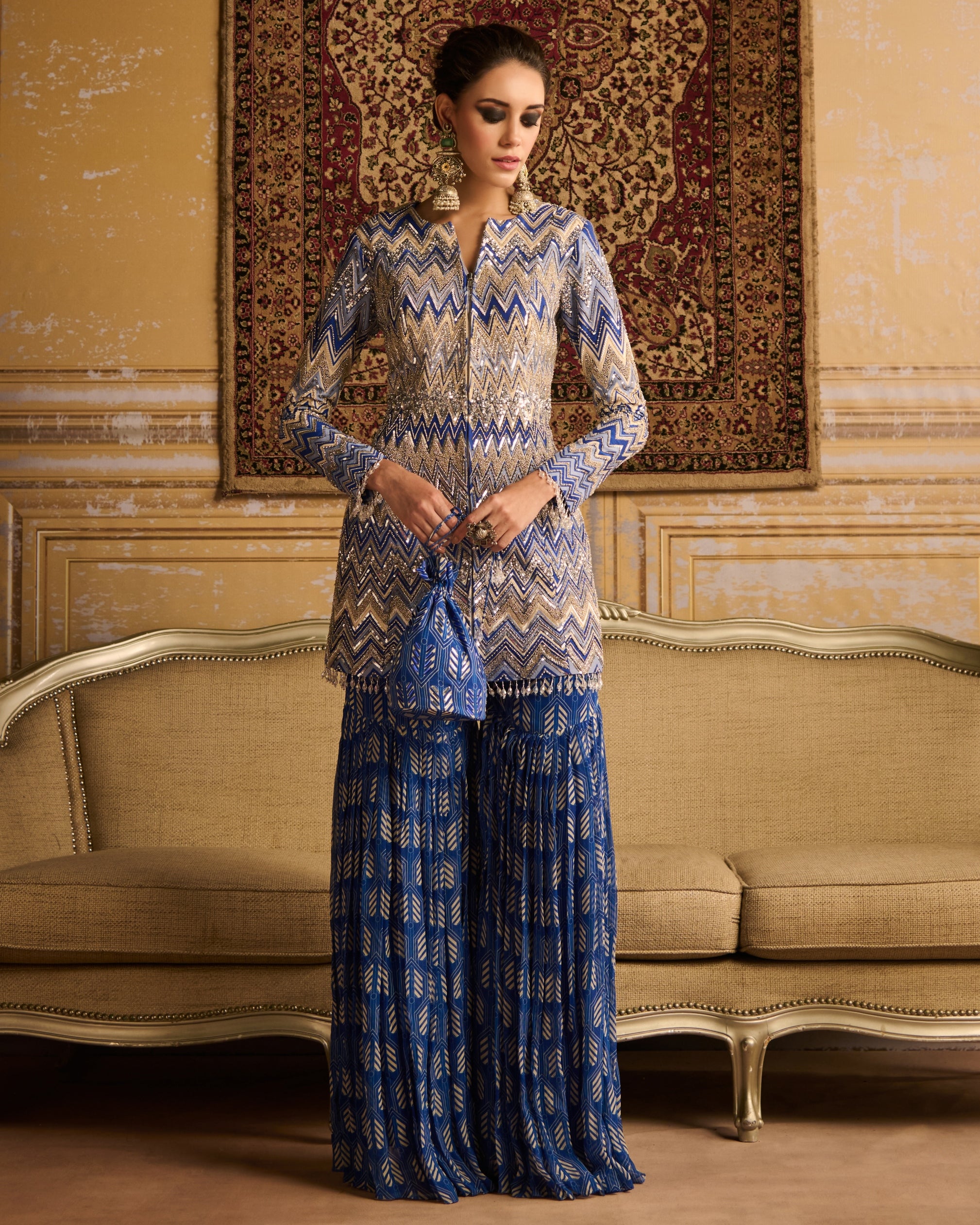 Blue Print Embroidered Jacket And Gharara Set