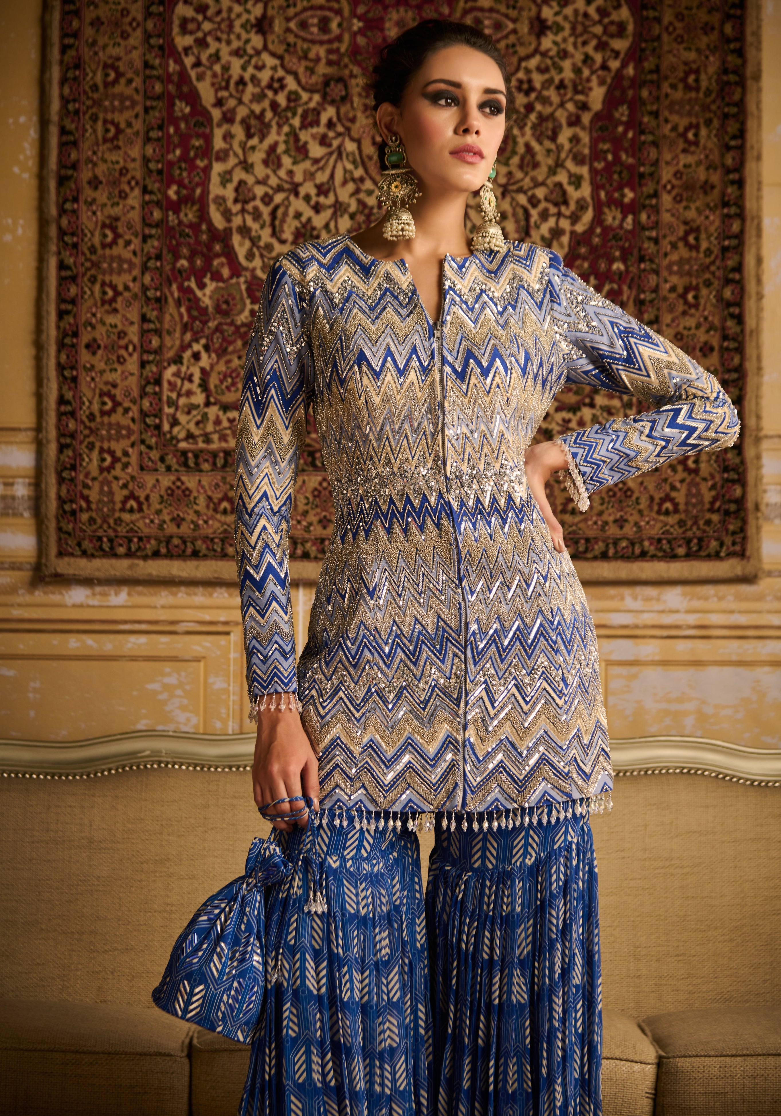 Blue Print Embroidered Jacket And Gharara Set