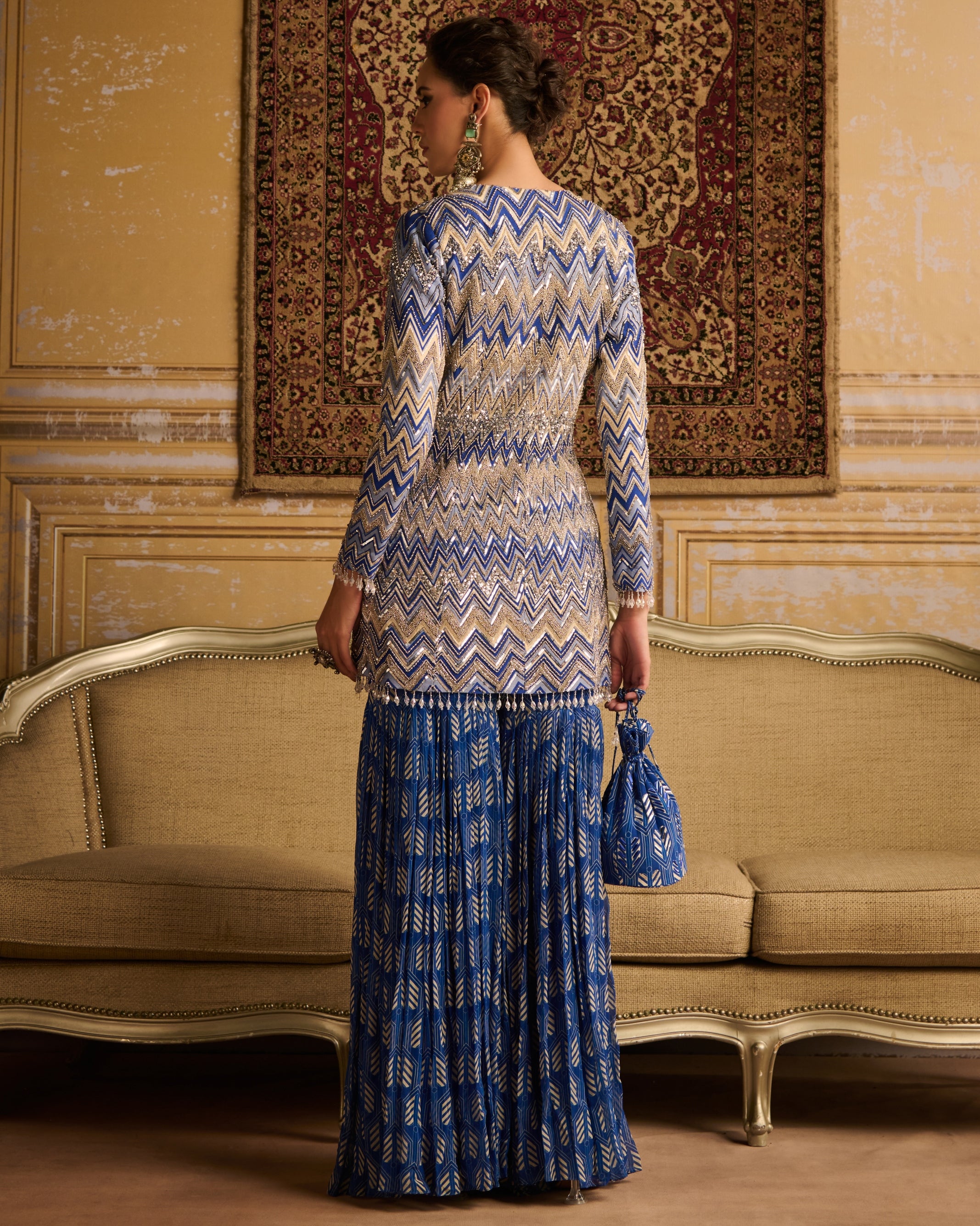 Blue Print Embroidered Jacket And Gharara Set