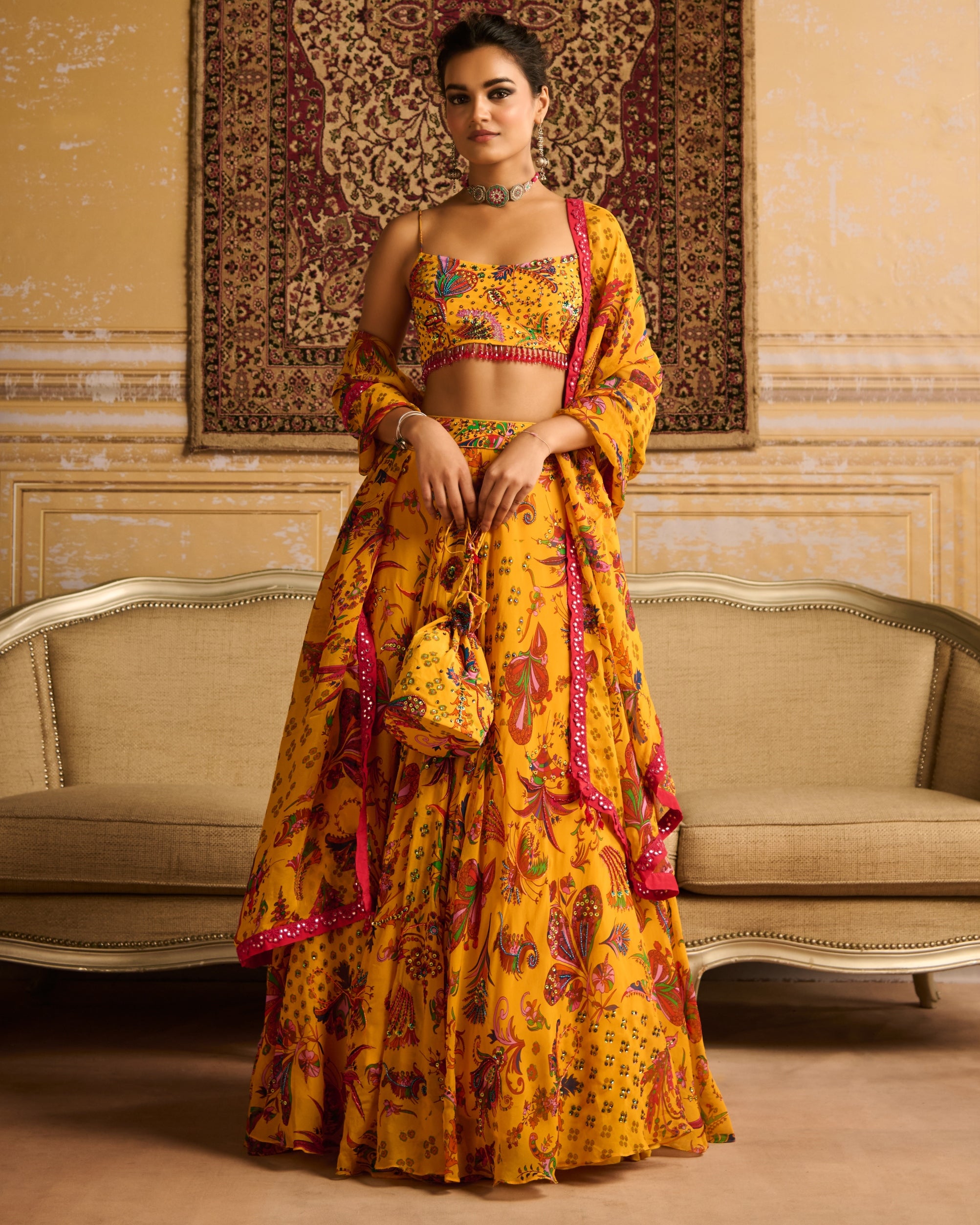 Yellow Highlighted Blouse And Highlighted Lehenga Set