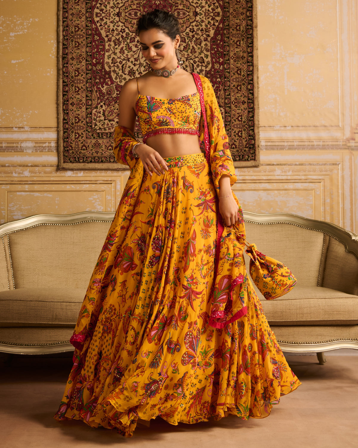 Yellow Highlighted Blouse And Highlighted Lehenga Set