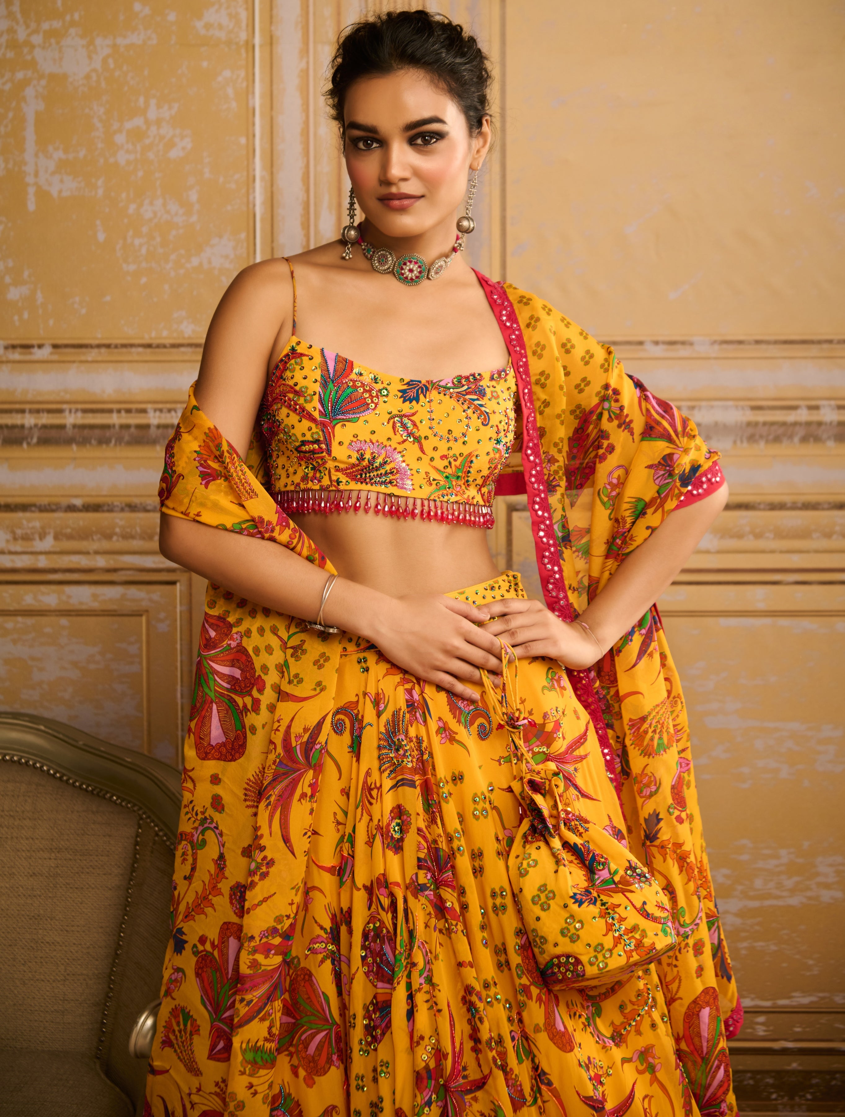 Yellow Highlighted Blouse And Highlighted Lehenga Set