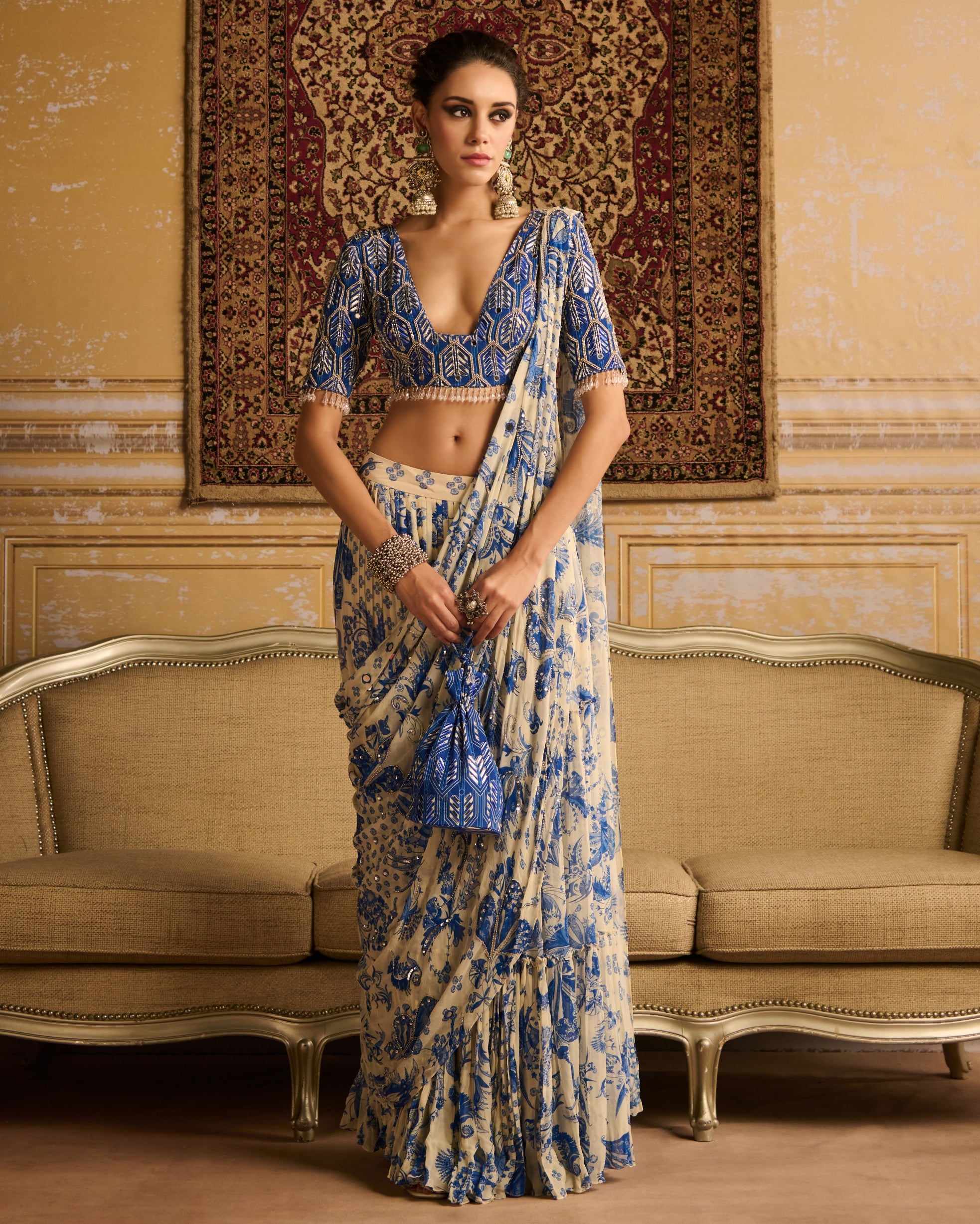 Blue Highlighted Blouse And Tiered Sari Set