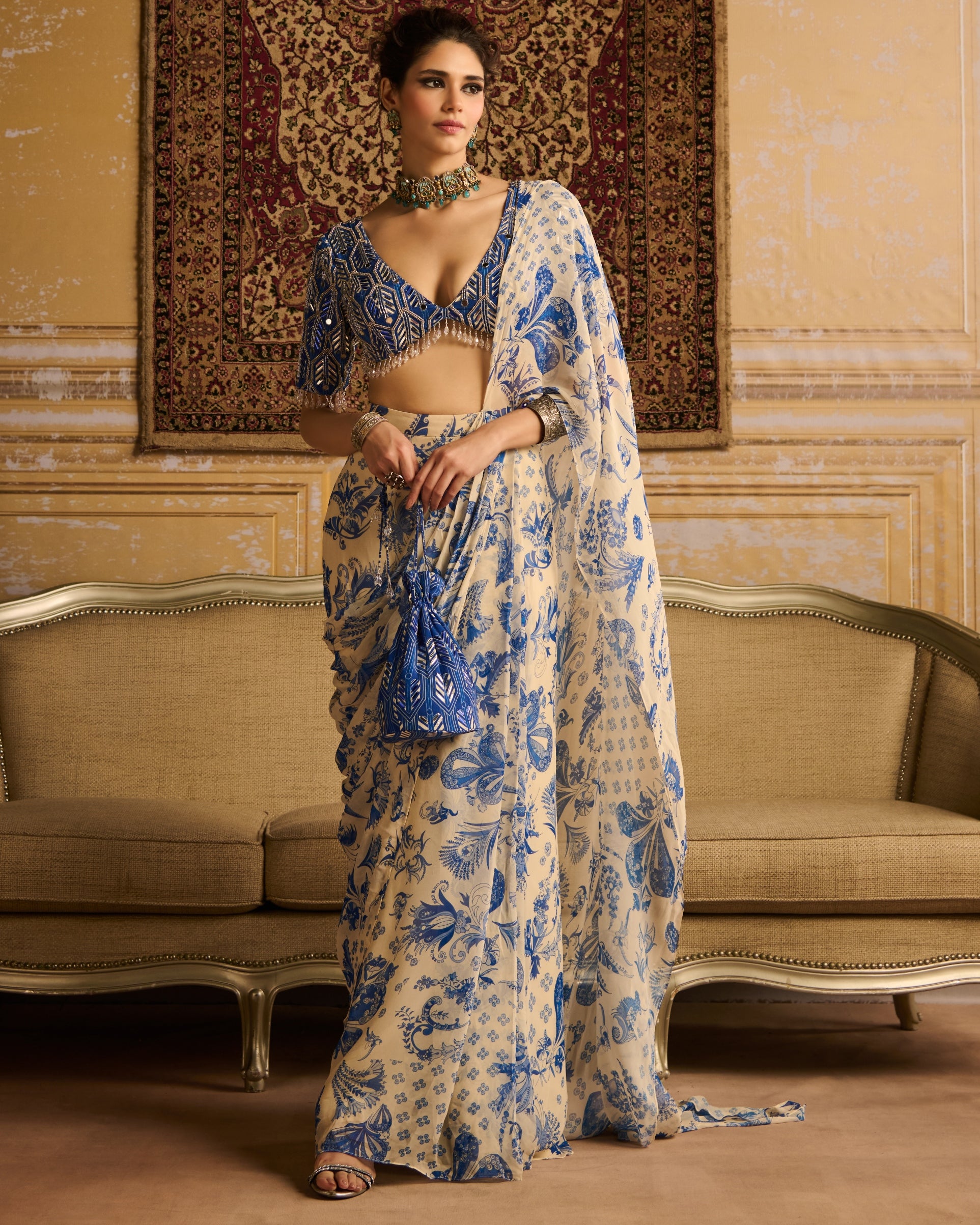 Blue Print Highlighted Blouse And Sari Set